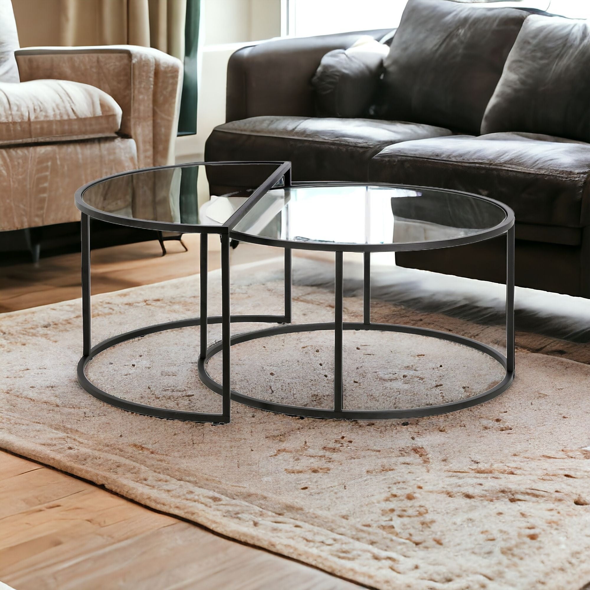 Set of Two 33" Black Glass And Steel Half Circle Nested Coffee Tables