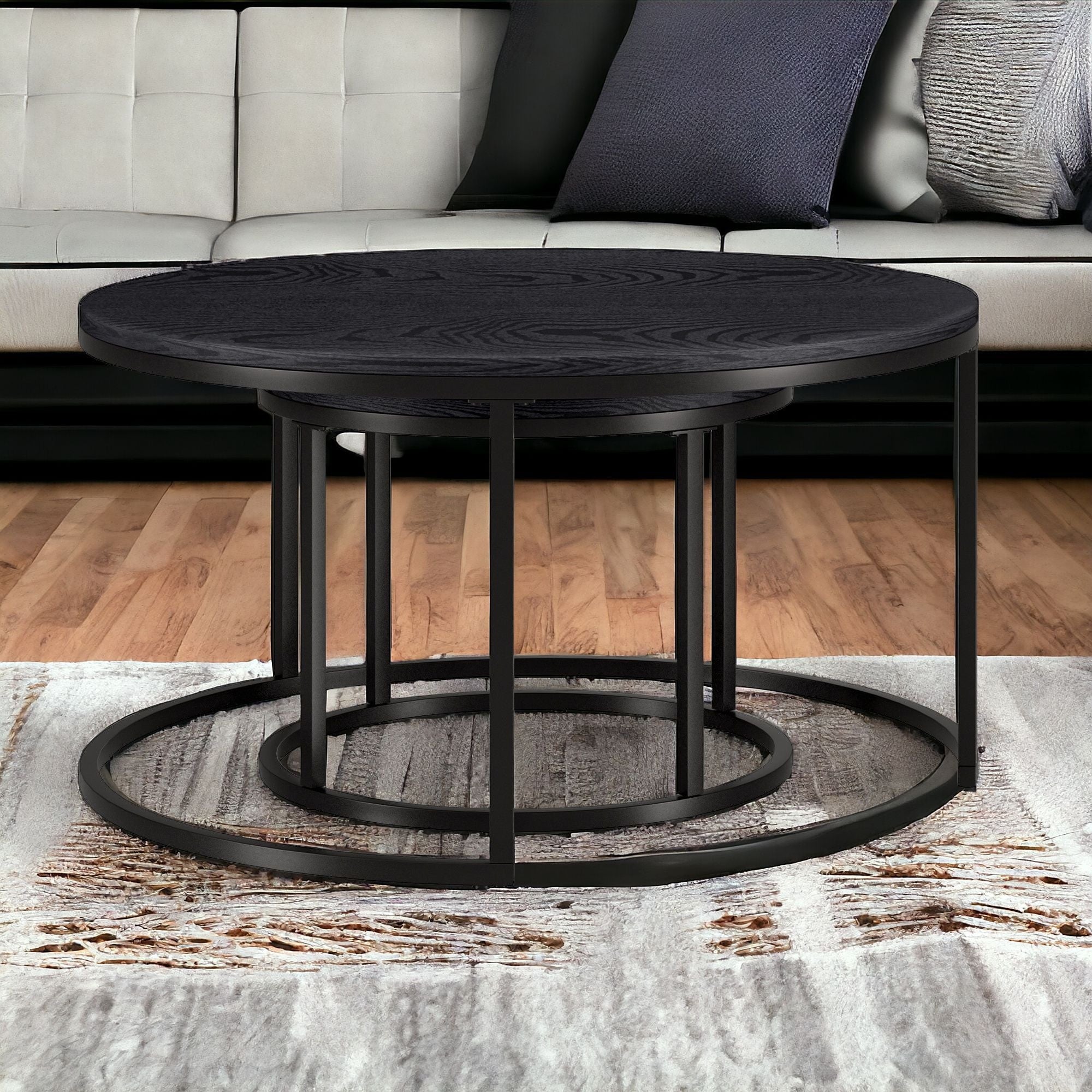 Set of Two 35" Black Steel Round Nested Coffee Tables