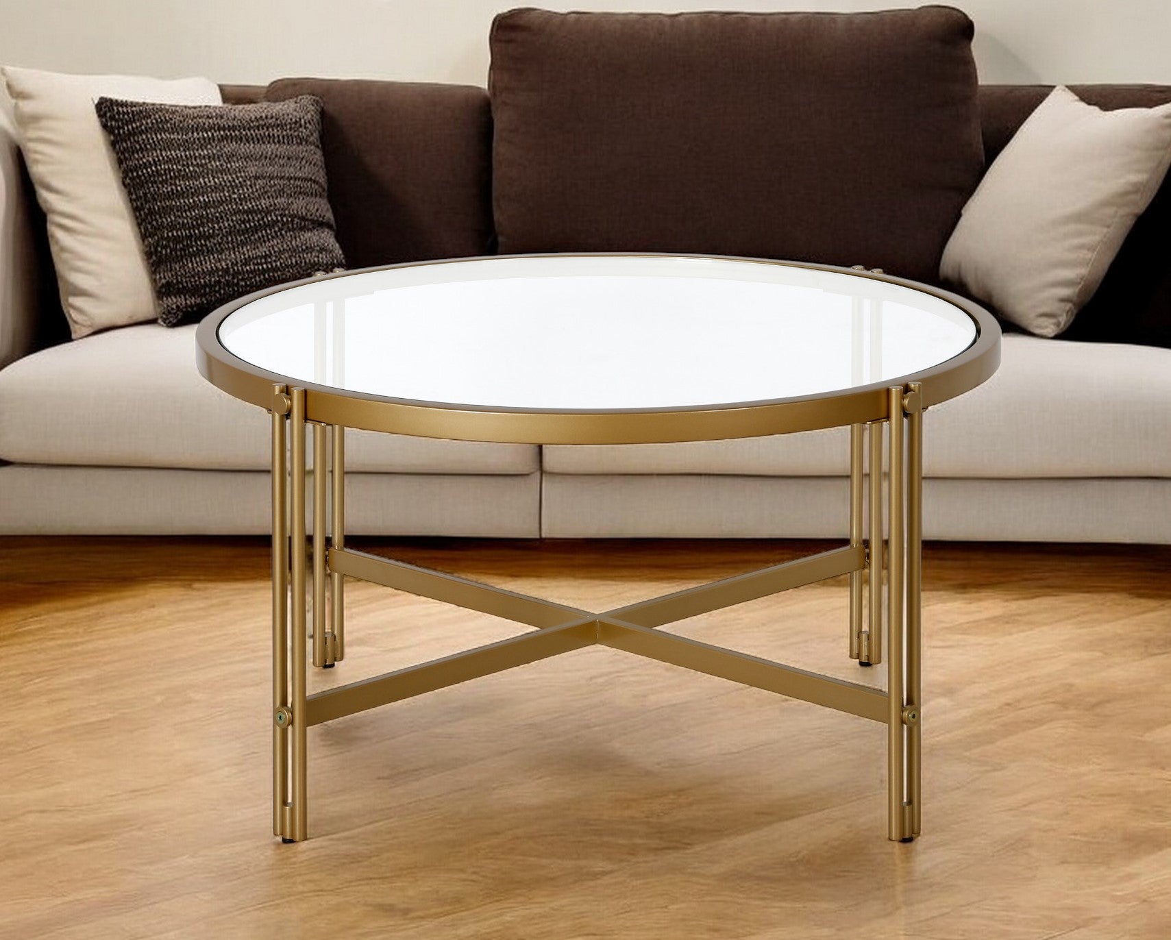 32" Gold Glass And Steel Round Coffee Table