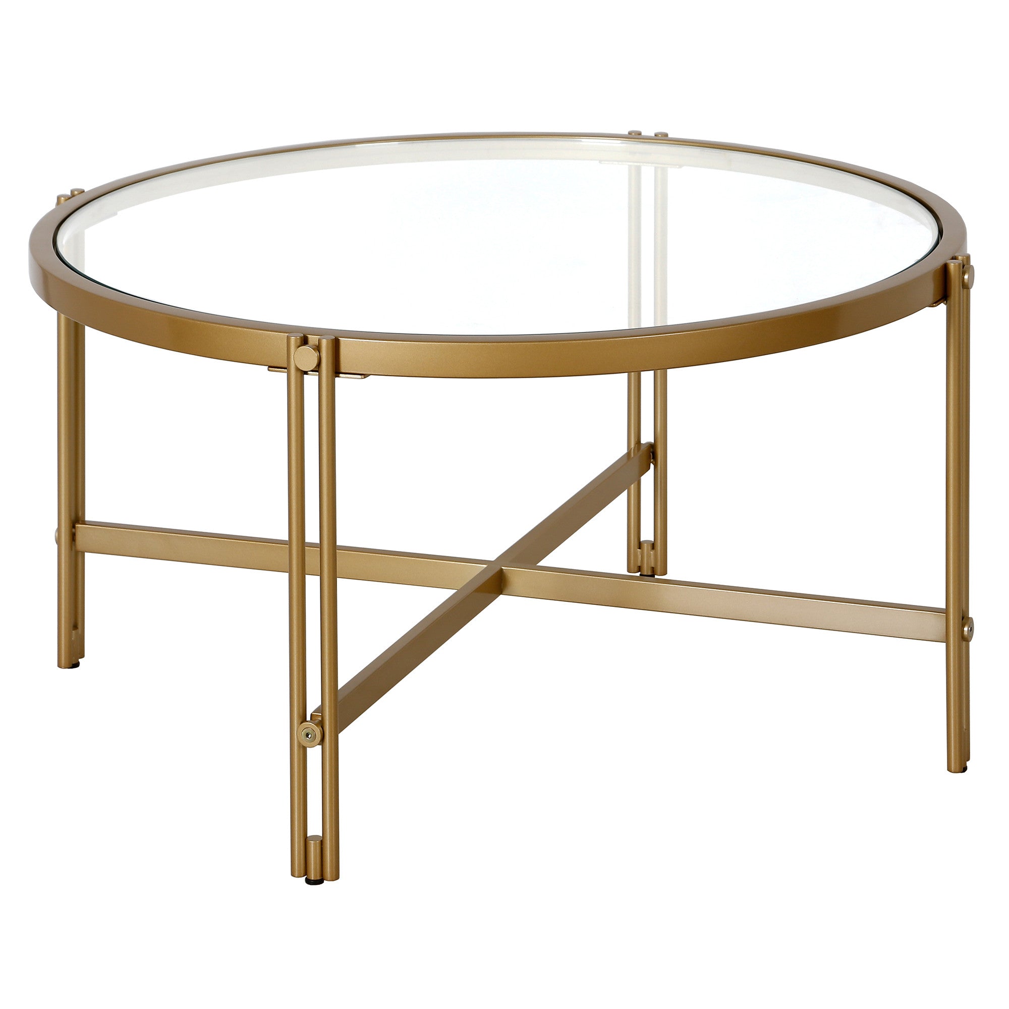 32" Gold Glass And Steel Round Coffee Table