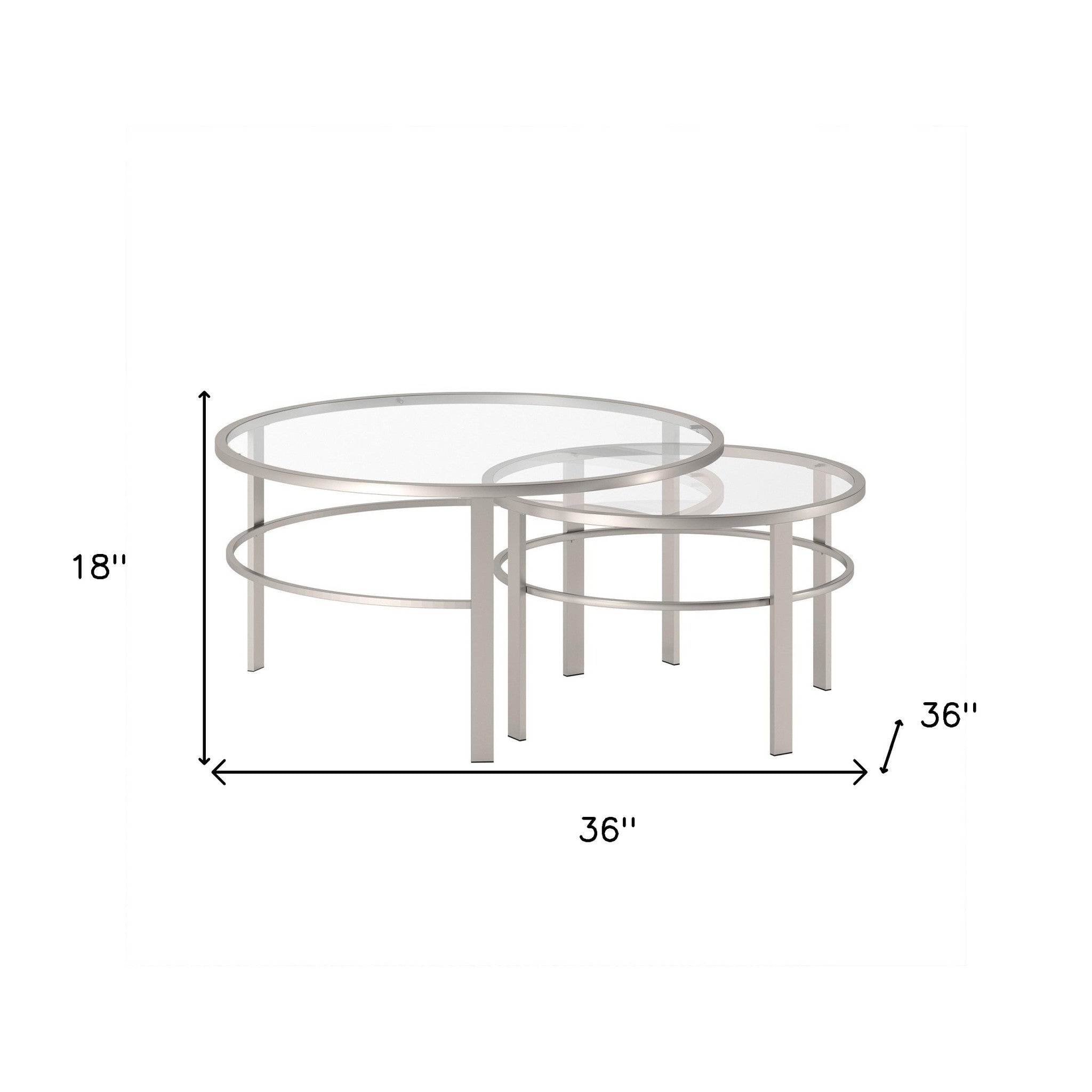 Set of Two 36" Clear and Silver Glass And Steel Round Nested Coffee Tables