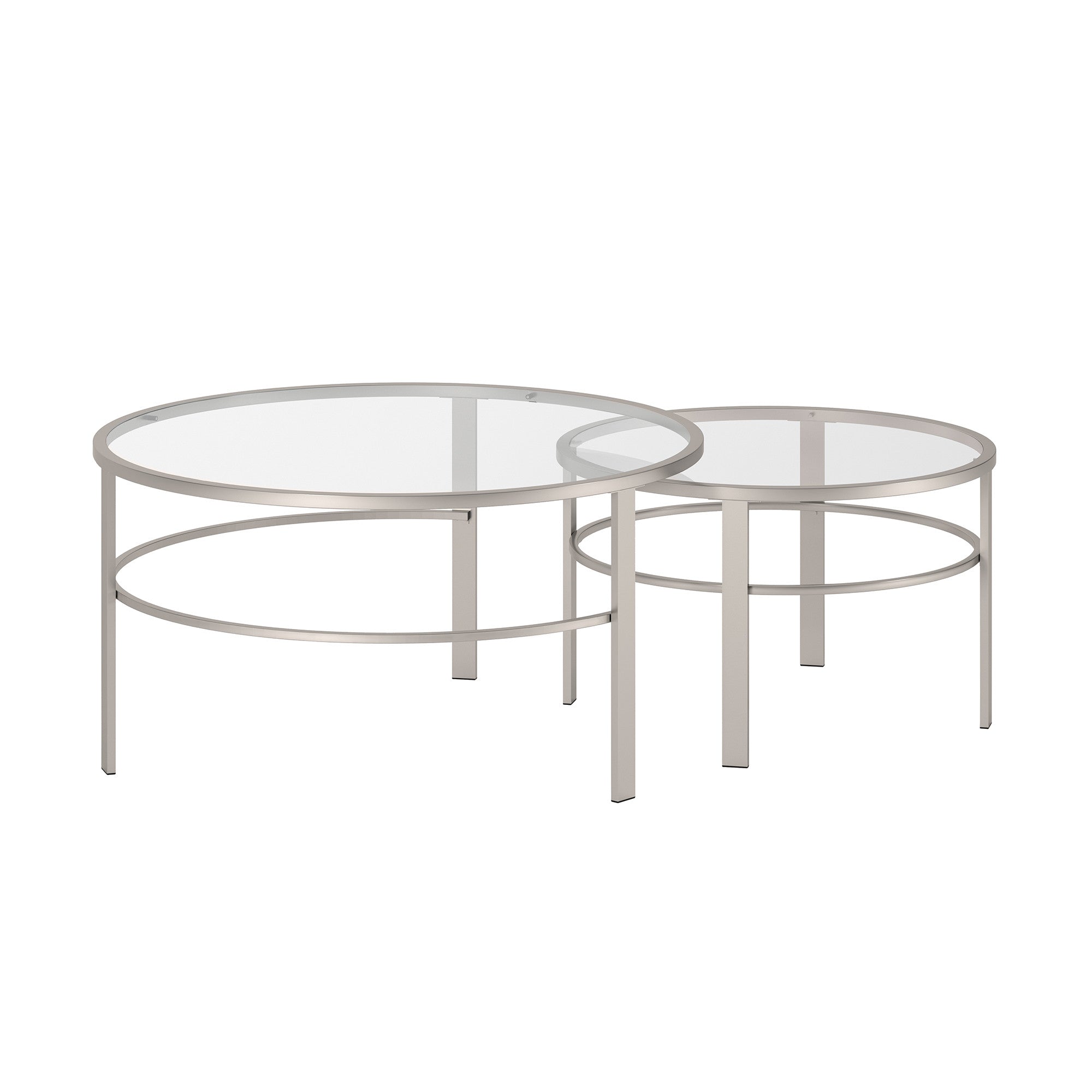 Set of Two 36" Clear and Silver Glass And Steel Round Nested Coffee Tables