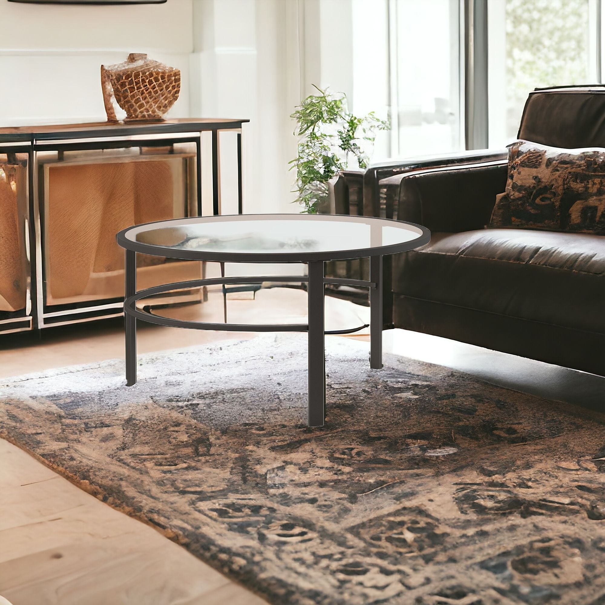 Set of Two 36" Clear And Black Glass And Steel Round Nested Coffee Tables