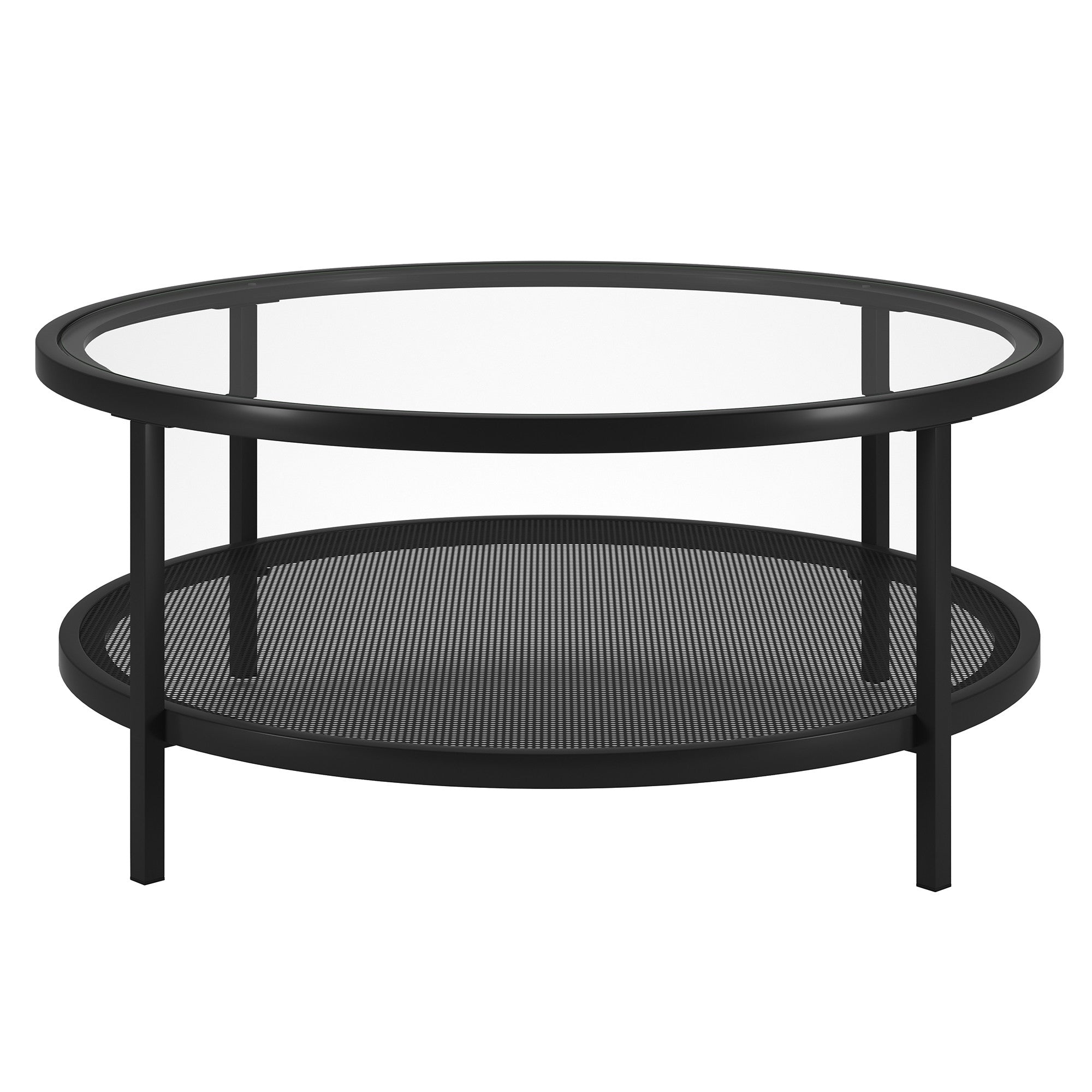 36" Black Glass And Steel Round Coffee Table With Shelf