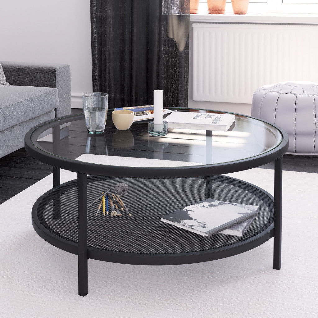 36" Black Glass And Steel Round Coffee Table With Shelf