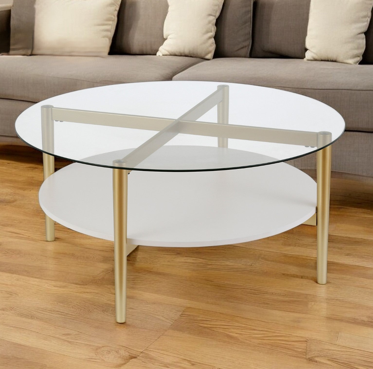 36" Clear And Gold Glass And Steel Round Coffee Table With Shelf