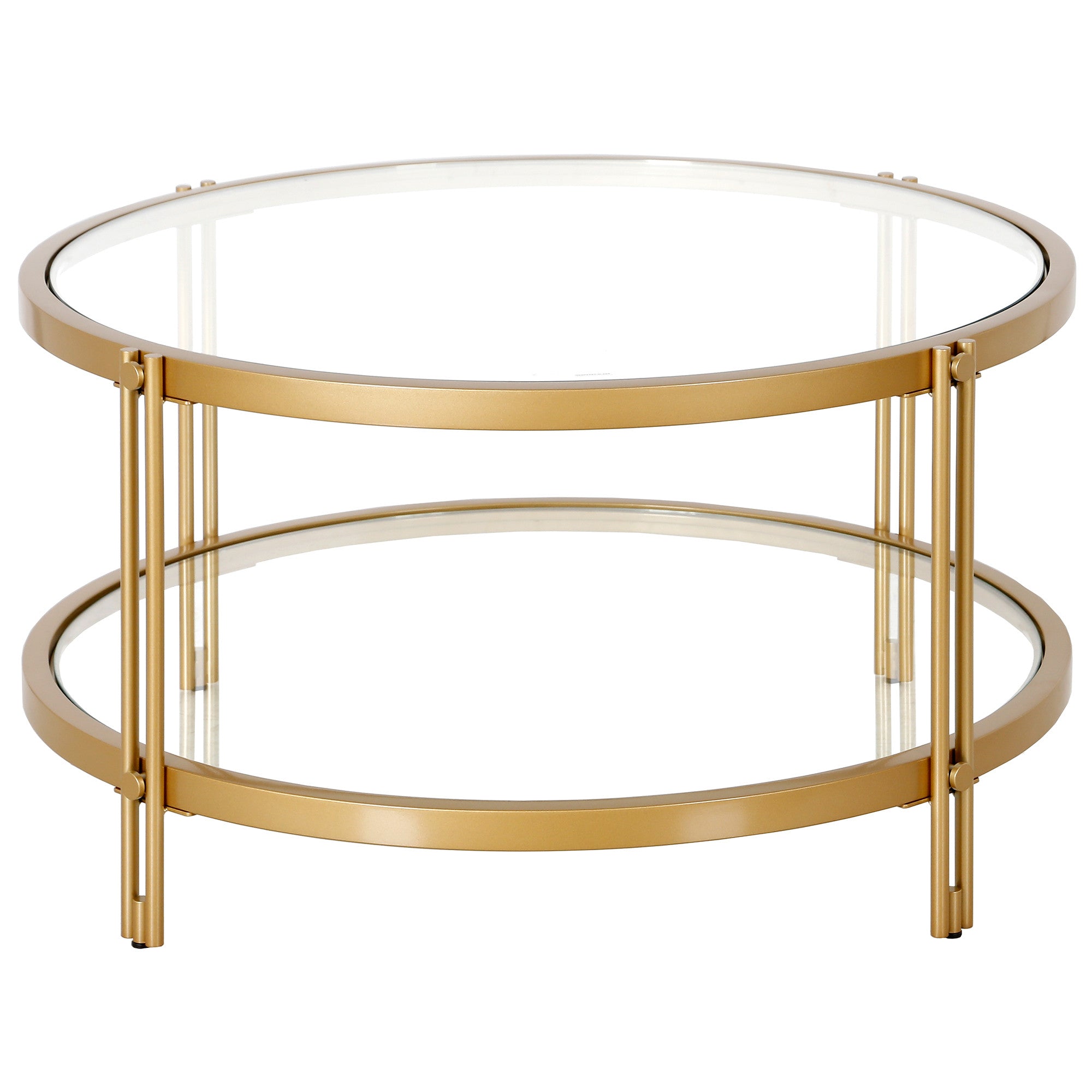 32" Gold Glass And Steel Round Coffee Table With Shelf