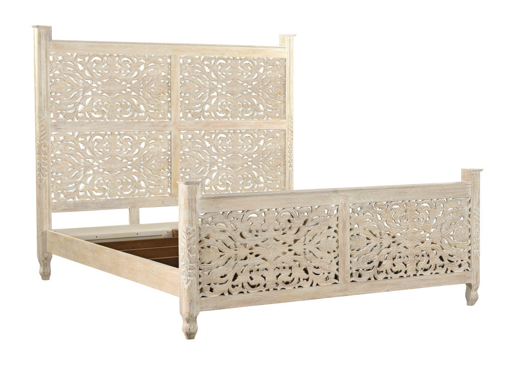 White Distressed Solid Wood King Bed Frame