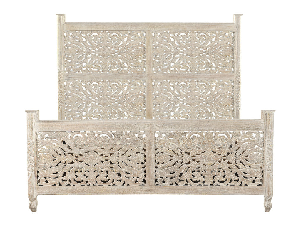 White Distressed Solid Wood King Bed Frame