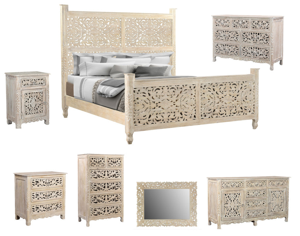 White Distressed Solid Wood King Bed Frame