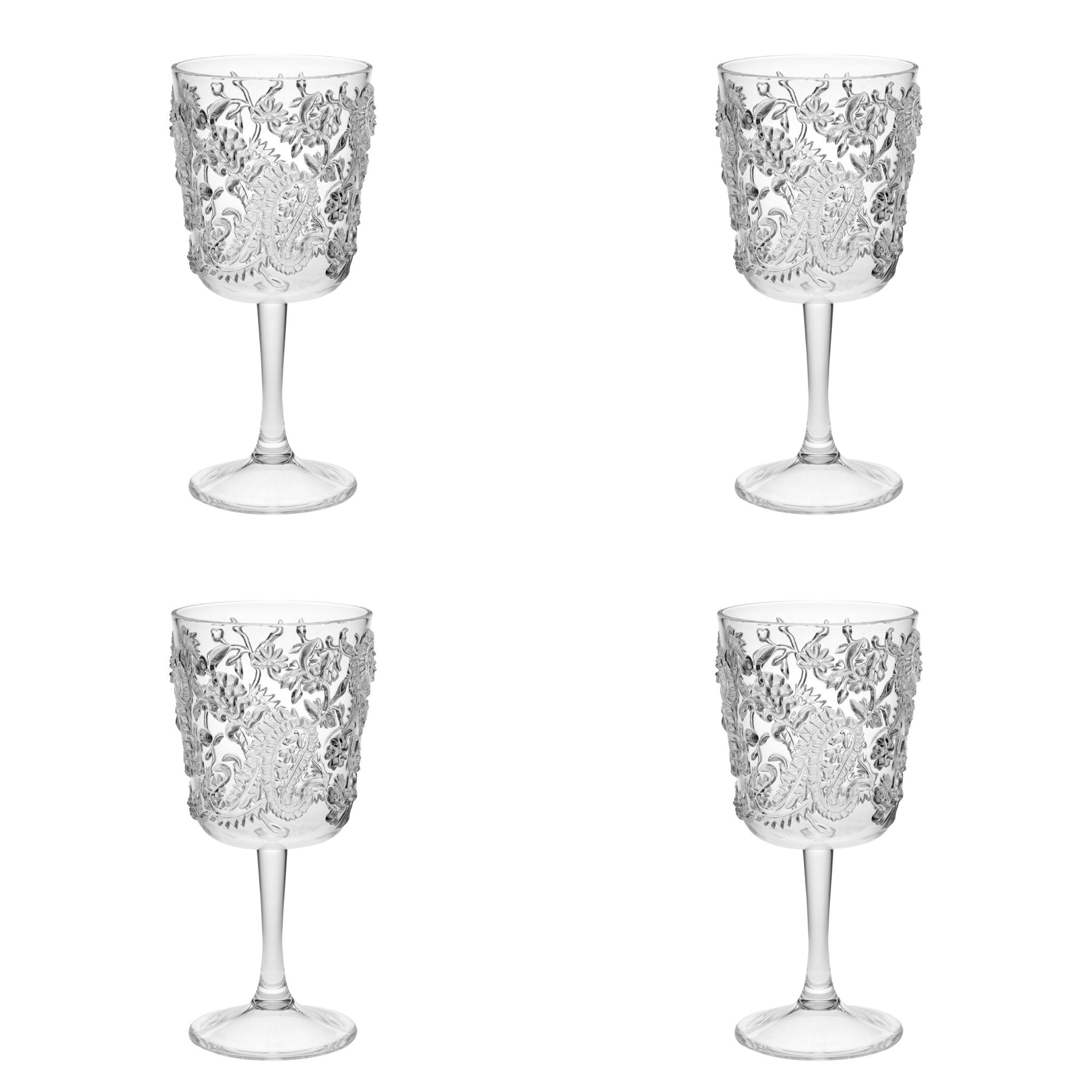 Set of Four Clear Paisley Acrylic Stemmed All Purpose Wine Glass