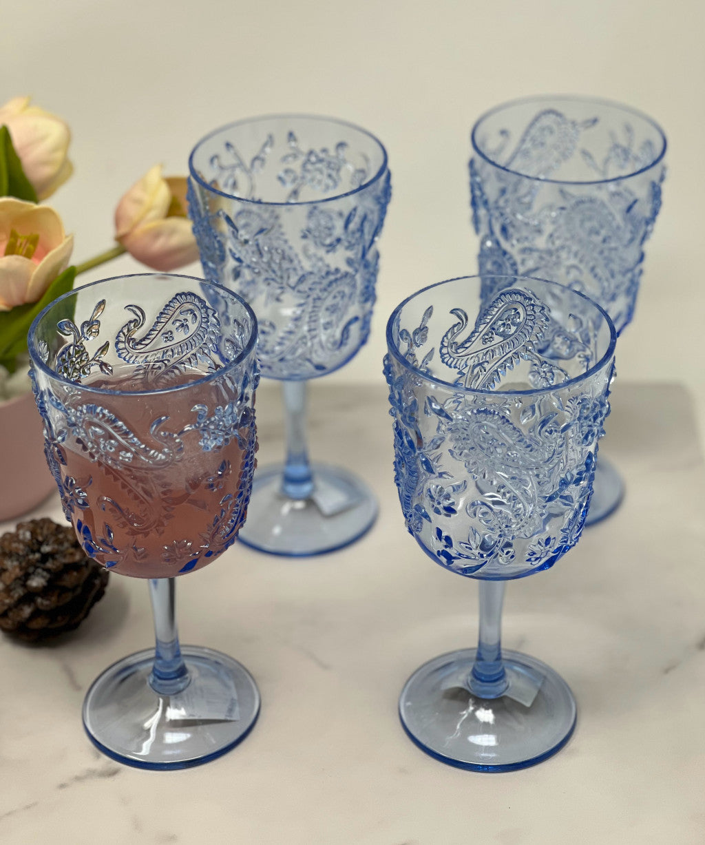 Set of Four Blue Paisley Acrylic Stemmed All Purpose Wine Glass