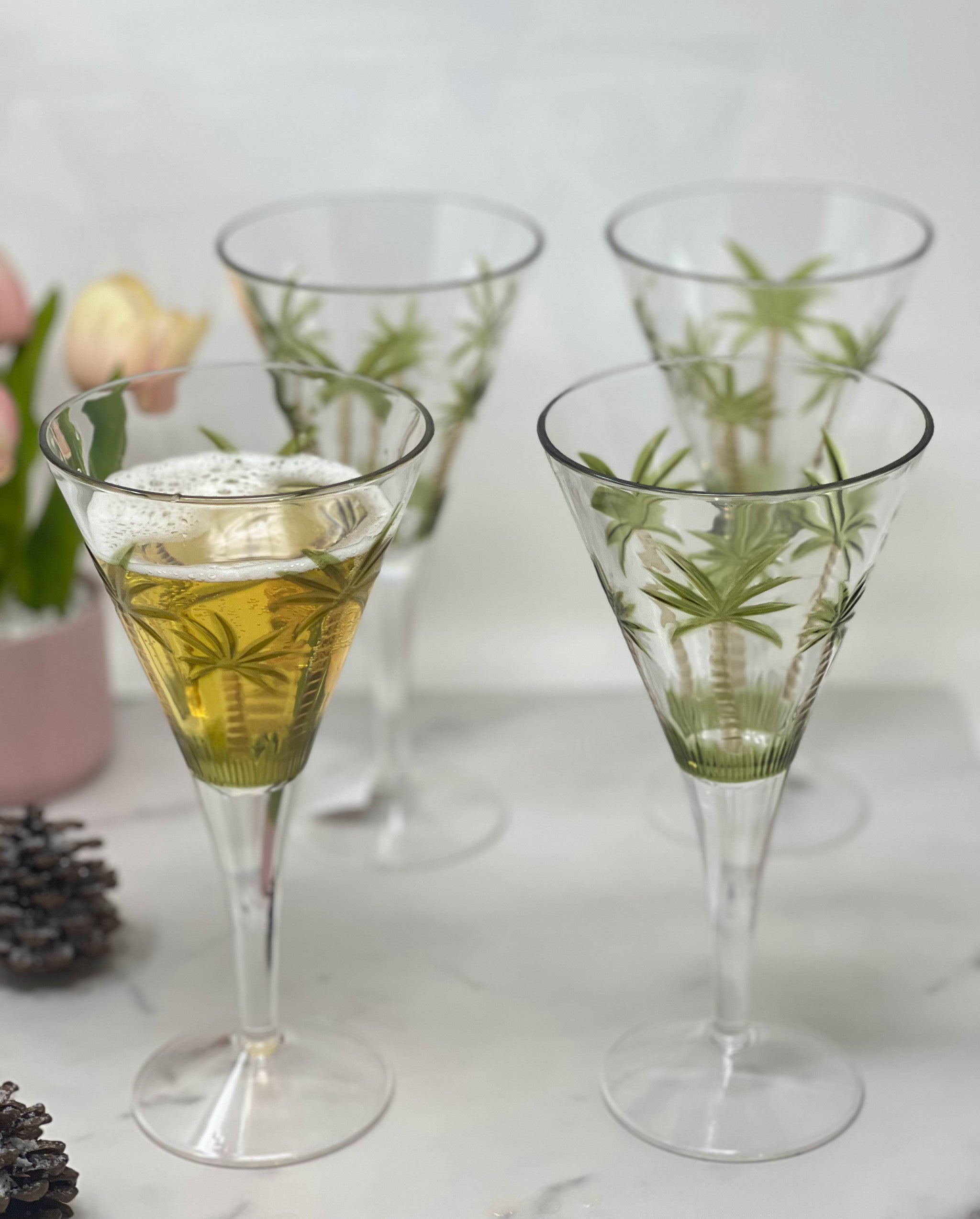 Set of Four Clear and Green Palm Tree Acrylic Stemmed All Purpose Wine Glasses