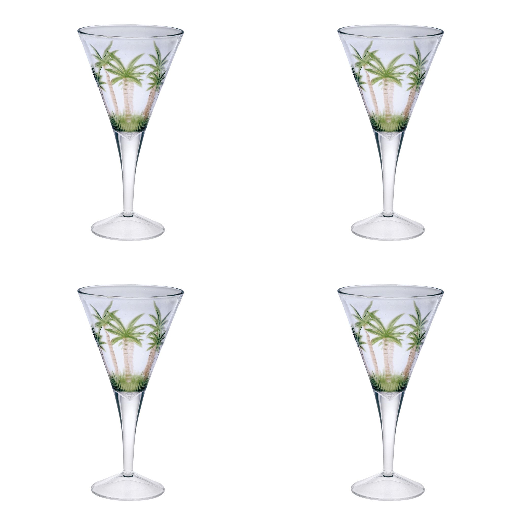 Set of Four Clear and Green Palm Tree Acrylic Stemmed All Purpose Wine Glasses