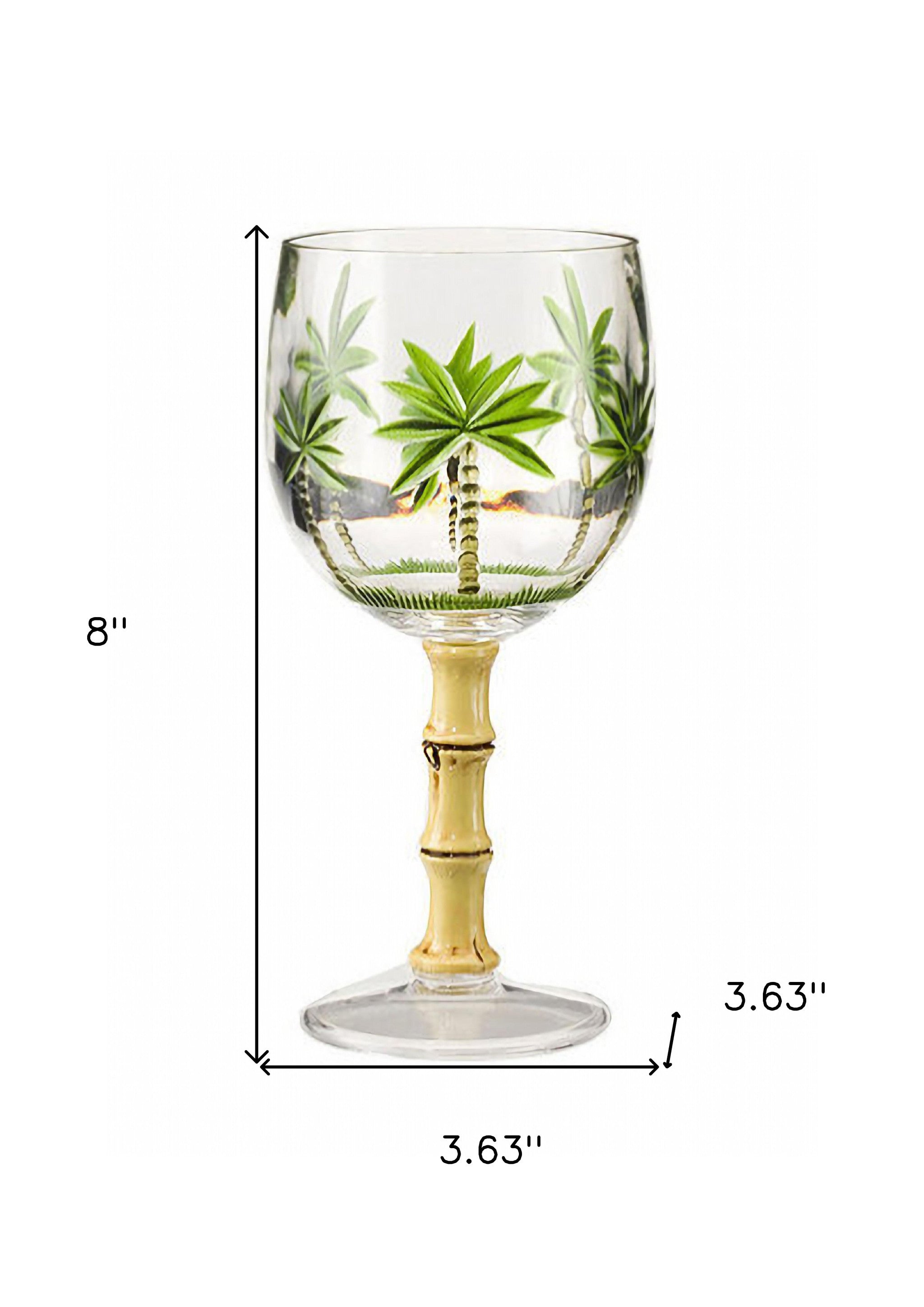 Set of Four Clear and Green Palm Tree Acrylic Stemmed All Purpose Wine Glasses