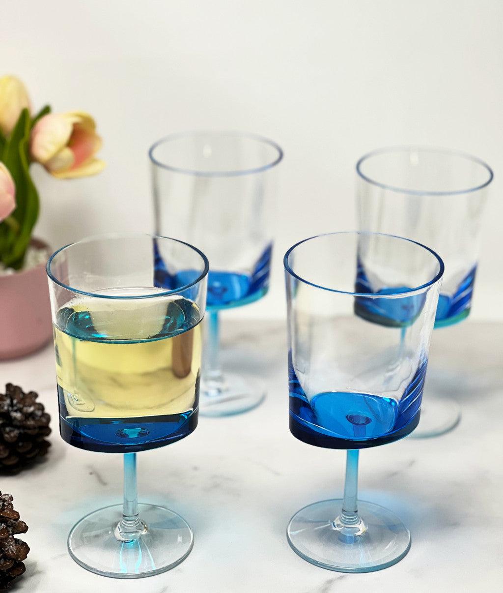 Set of Four Clear and Blue Acrylic Stemmed All Purpose Wine Glass