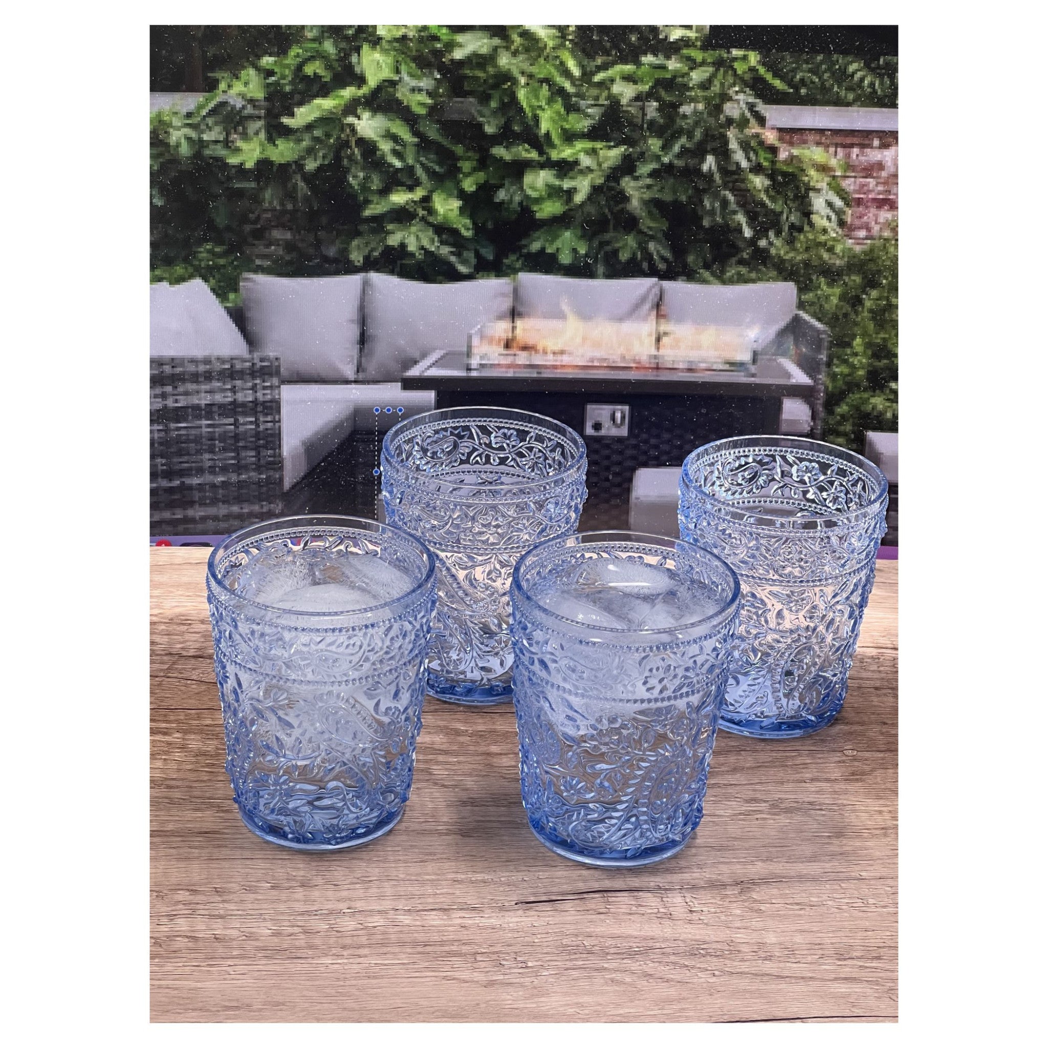 Set of Four Blue Paisley Acrylic Stemless Whiskey Glasses