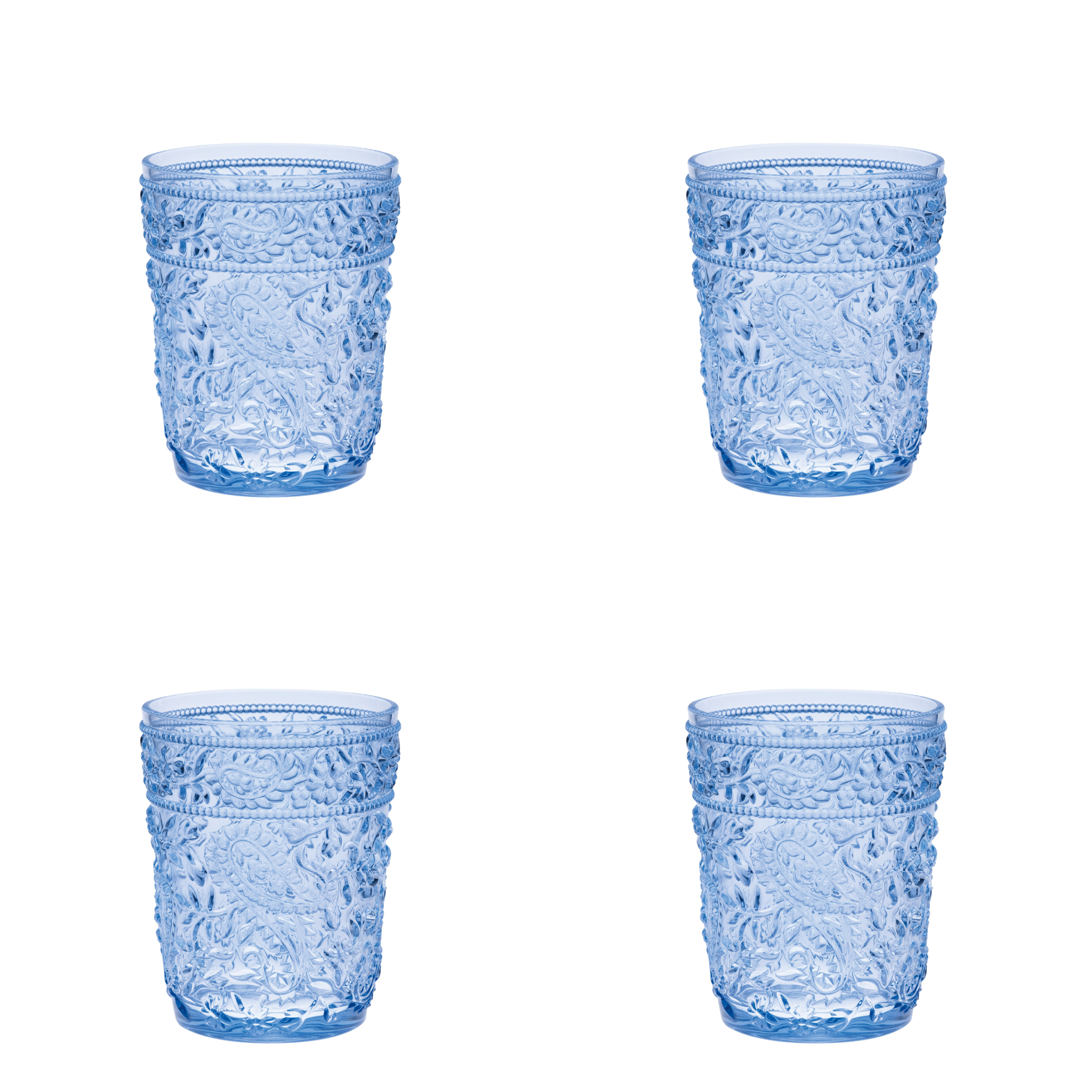 Set of Four Blue Paisley Acrylic Stemless Whiskey Glasses