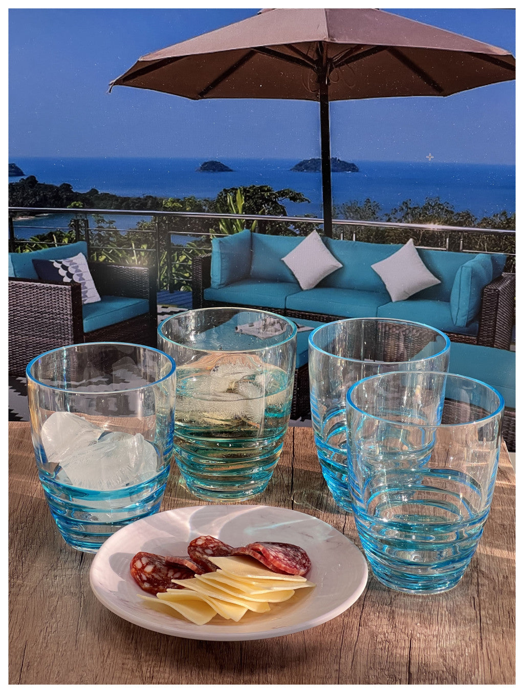 Set of Four Clear and Blue Acrylic Stemless Whiskey Glasses