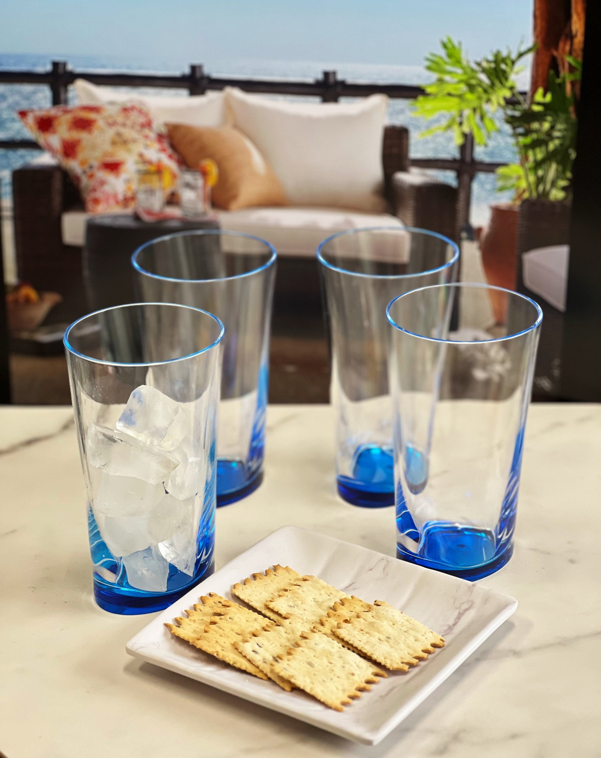 Set of Four Clear and Blue Acrylic Highball Glasses