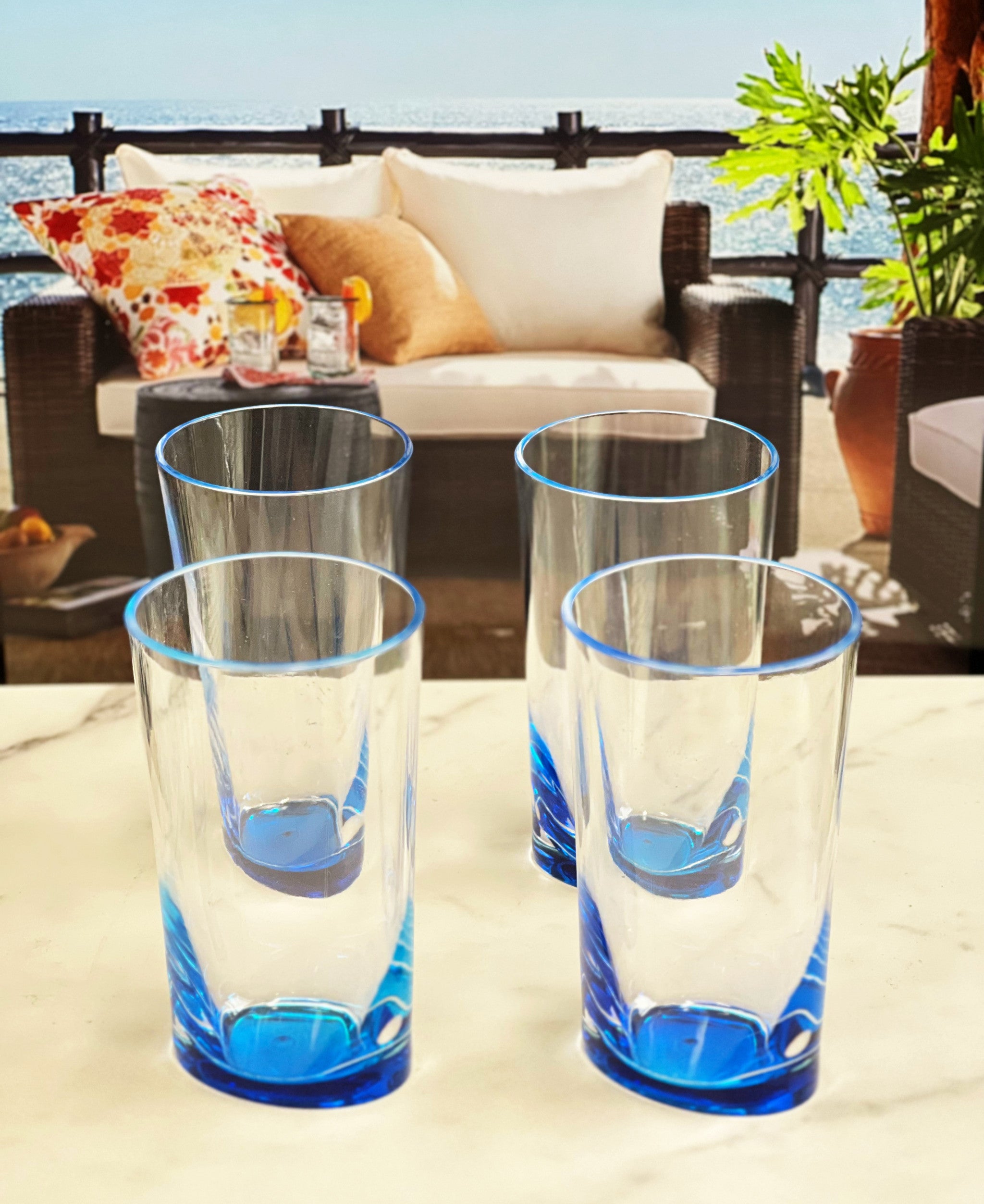 Set of Four Clear and Blue Acrylic Highball Glasses