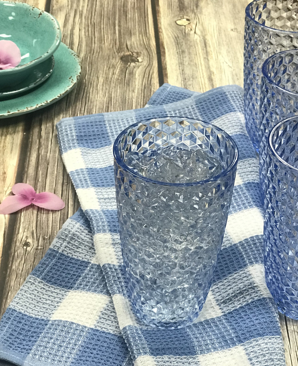 Set of Four Blue Geometric Acrylic Stemless Highball Glass