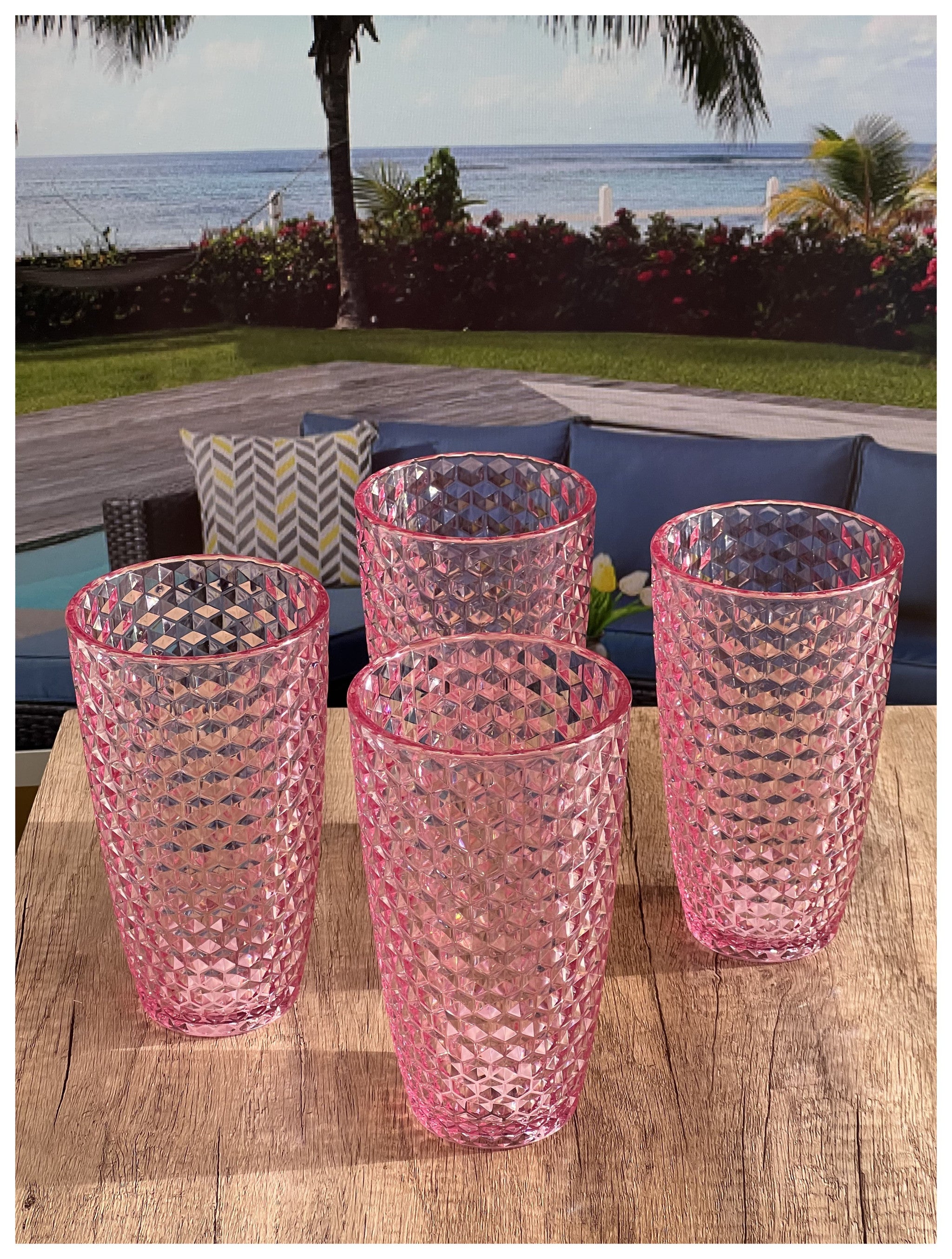 Set of Four Pink Geometric Acrylic Stemless Highball Glass