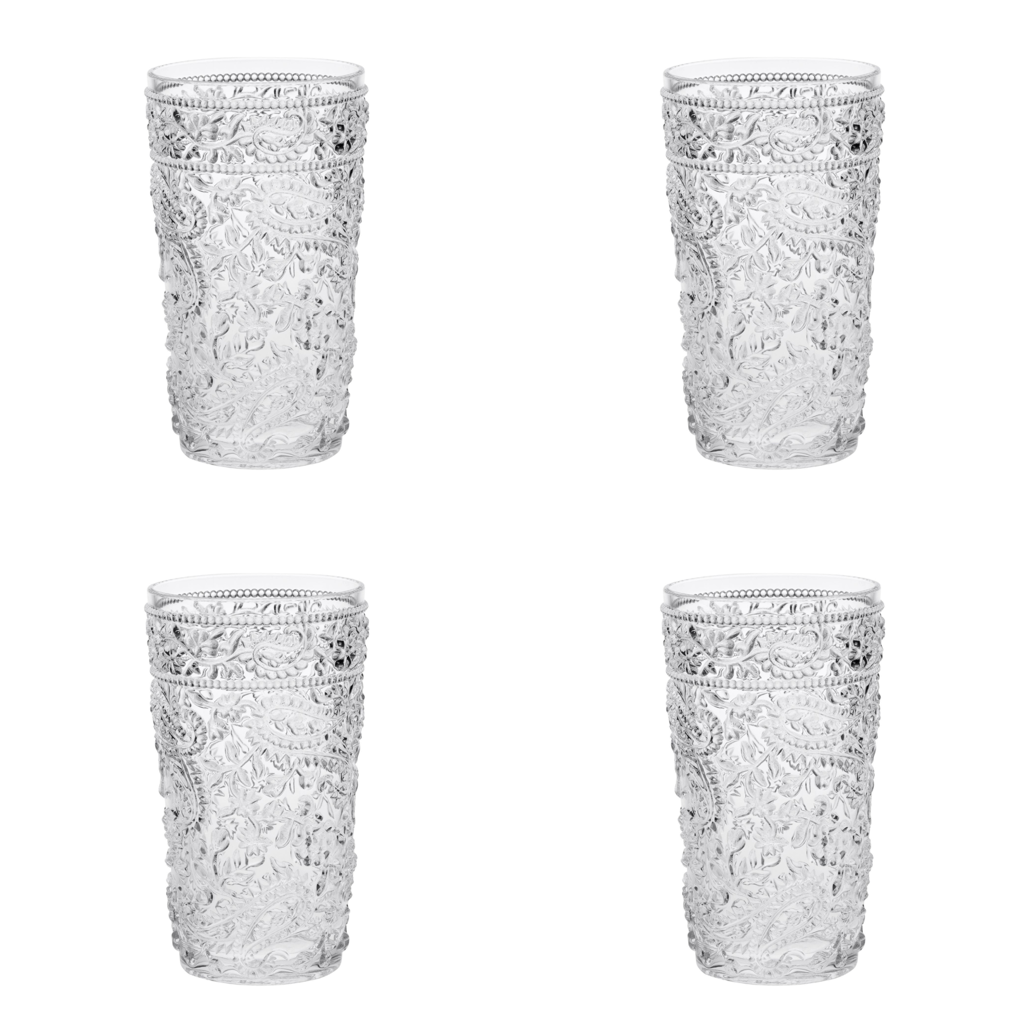 Set of Four Clear Paisley Acrylic Stemless Highball Glass