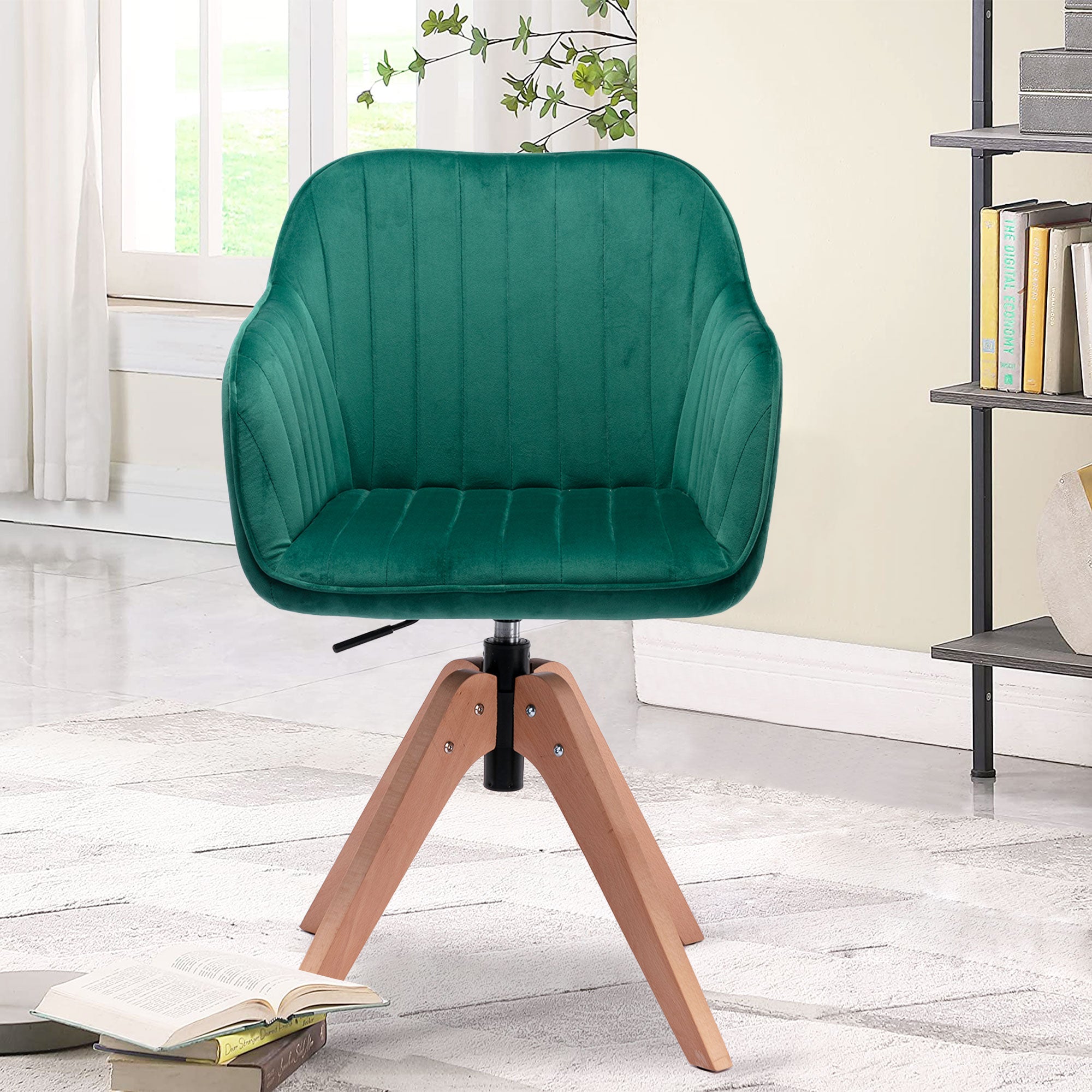 Tufted Green And Natural Velvet and Wood Dining Arm Chair