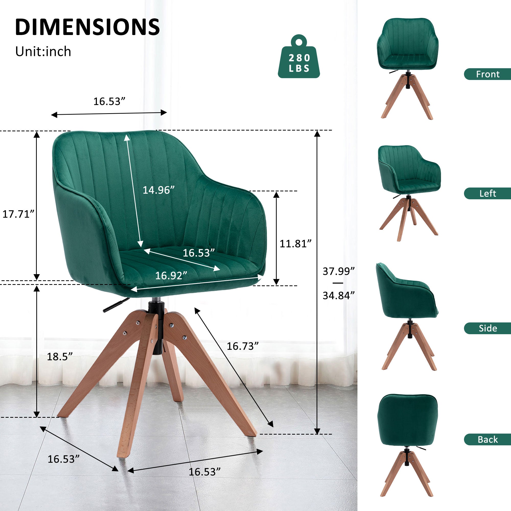 Tufted Green And Natural Velvet and Wood Dining Arm Chair