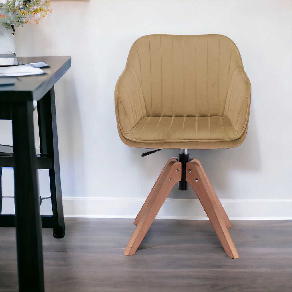 Tufted Champagne And Natural Velvet and Wood Dining Arm Chair