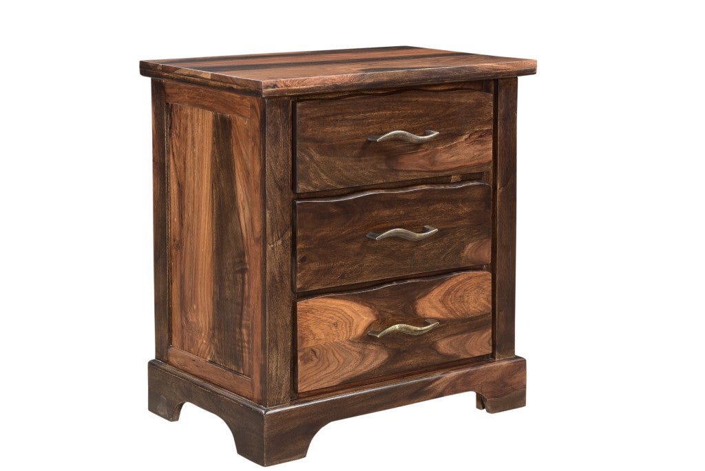 27" Dark Brown Three Drawer Solid Wood Nightstand