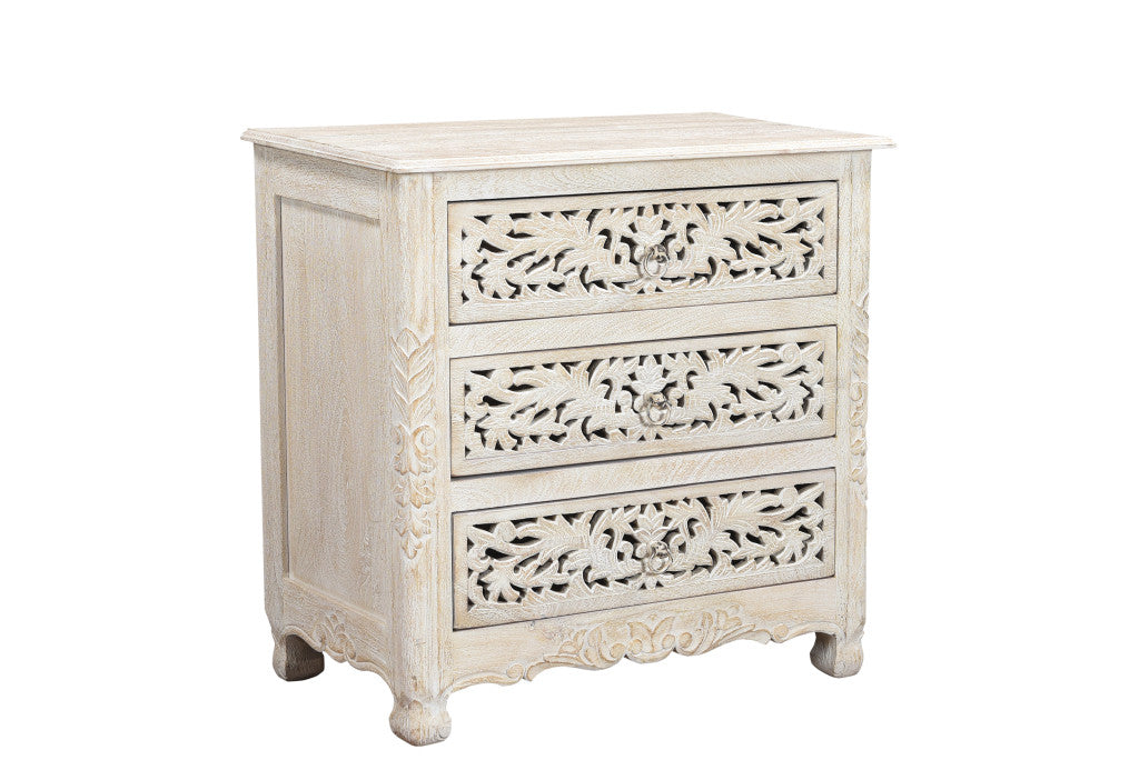 30" Distressed White Three Drawer Floral Carved Solid Wood Nightstand