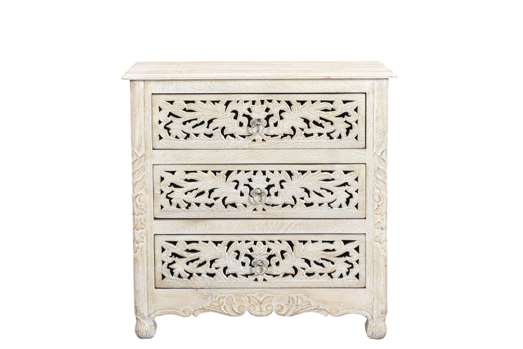 30" Distressed White Three Drawer Floral Carved Solid Wood Nightstand