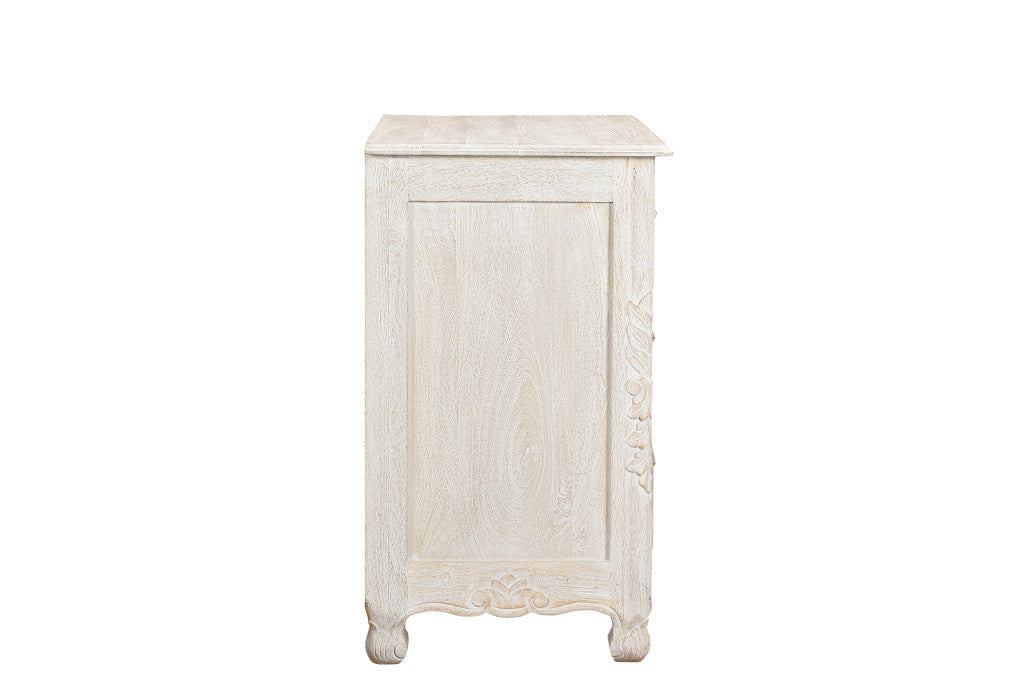 30" Distressed White Three Drawer Floral Carved Solid Wood Nightstand