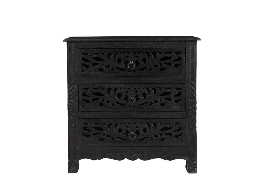 30" Distressed Black Three Drawer Floral Carved Solid Wood Nightstand