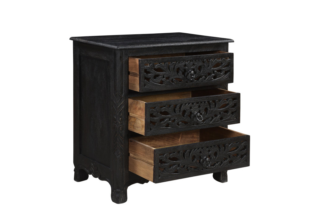 30" Distressed Black Three Drawer Floral Carved Solid Wood Nightstand