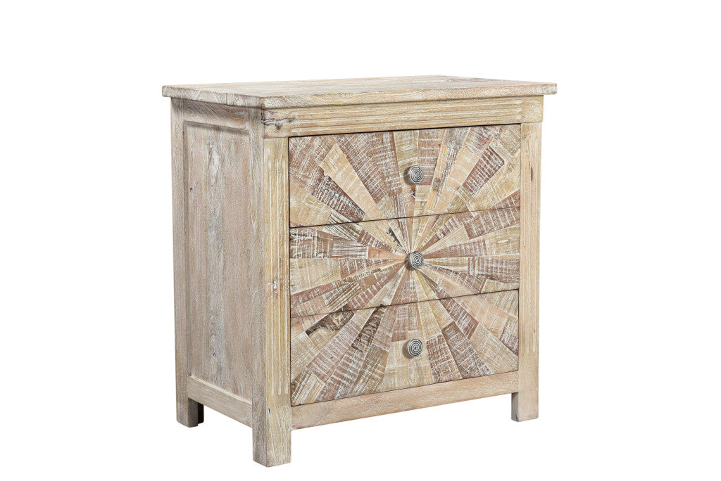 30" Distressed White Three Drawer Starburst Pattern Solid Wood Nightstand