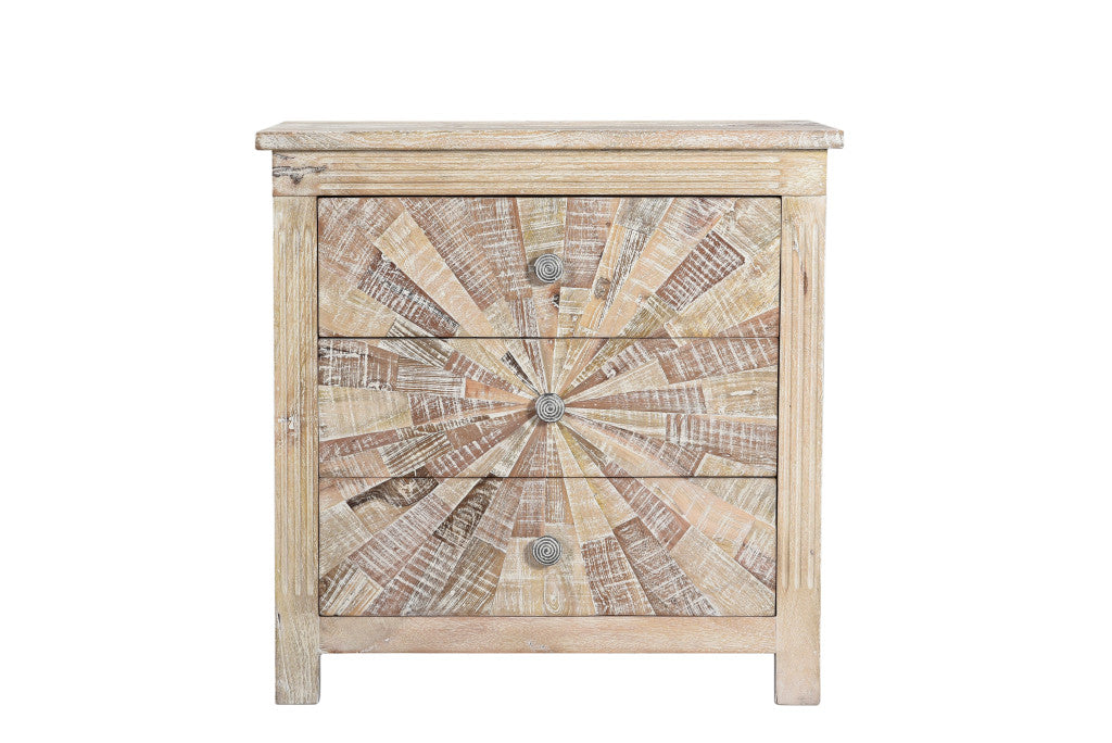 30" Distressed White Three Drawer Starburst Pattern Solid Wood Nightstand