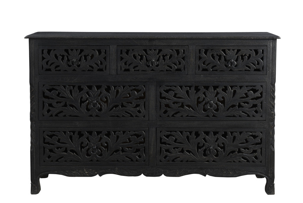 57" Black Solid Wood Seven Drawer Dresser