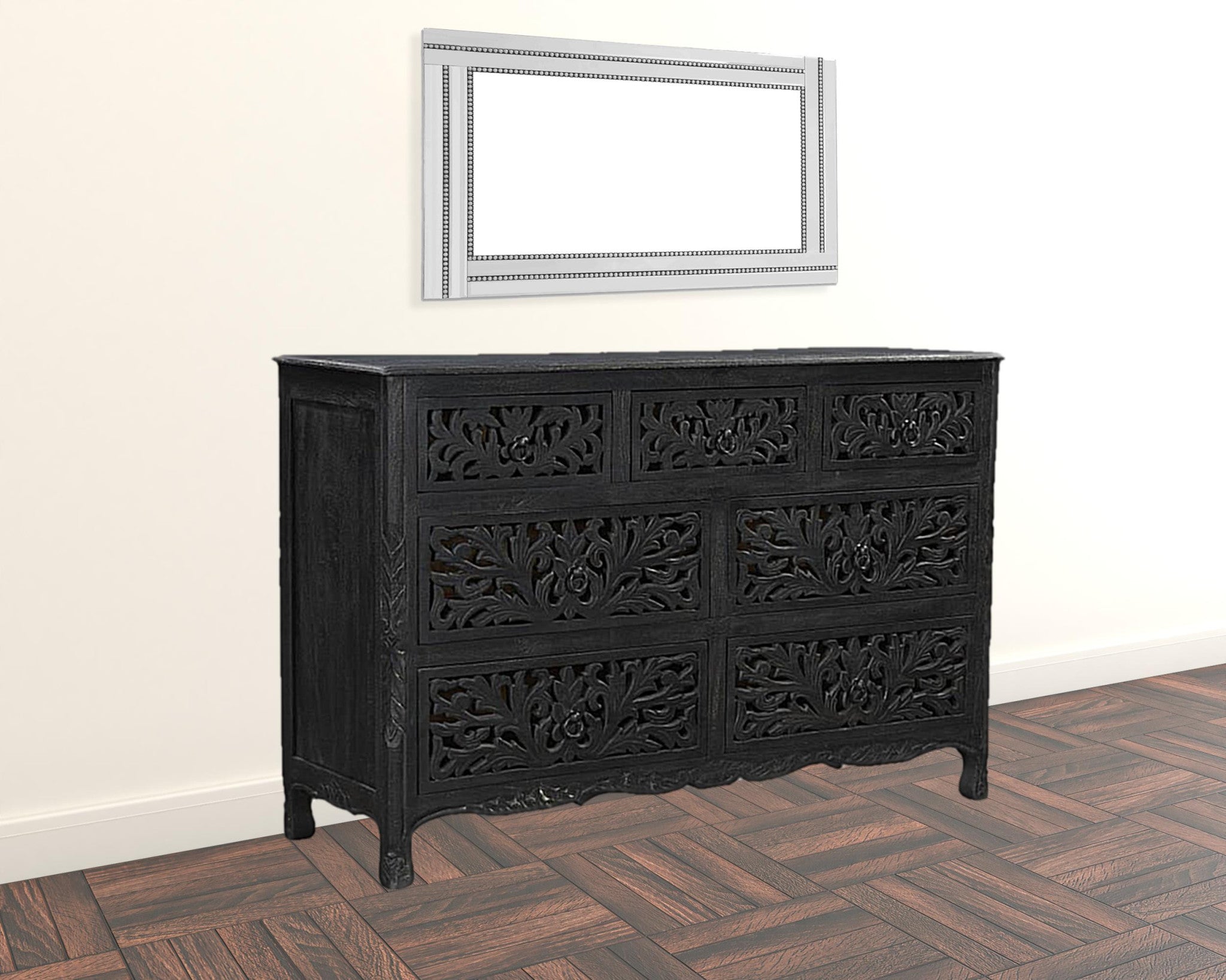 57" Black Solid Wood Seven Drawer Dresser