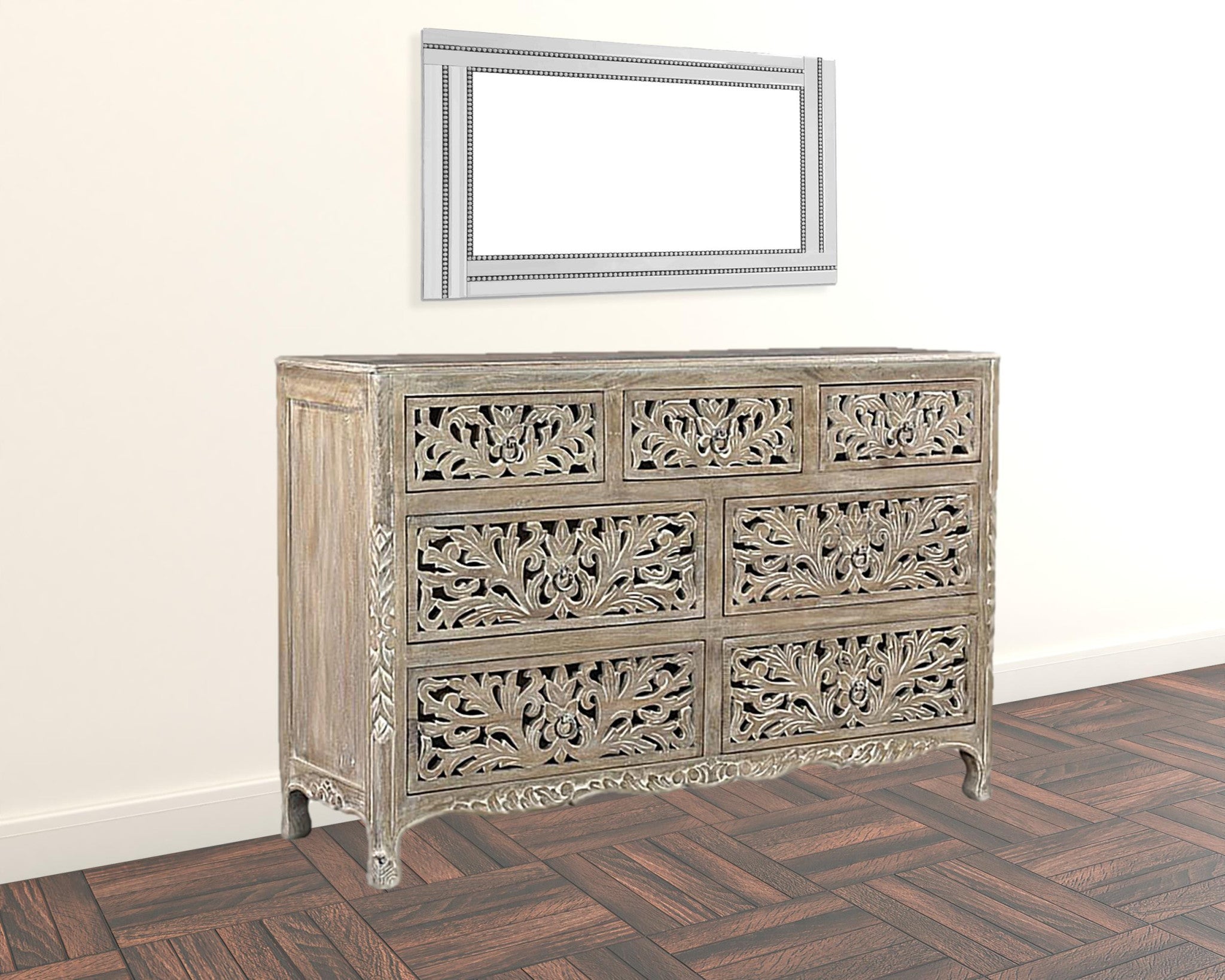 57" Gray Solid Wood Seven Drawer Dresser