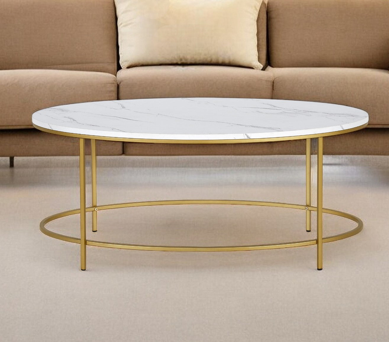 42" White And Gold Faux Marble And Steel Oval Coffee Table