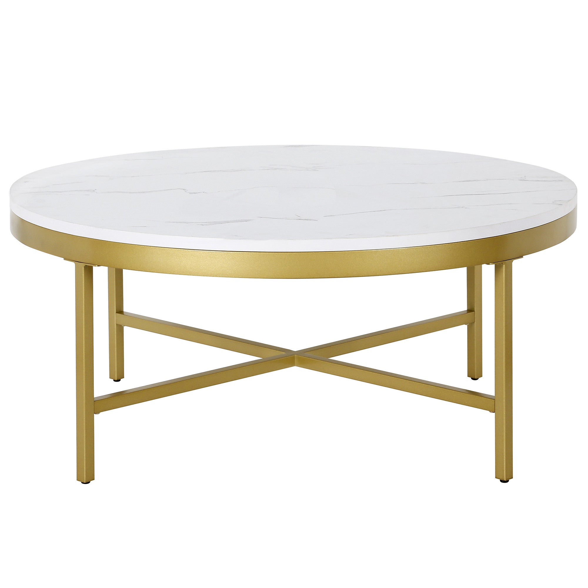 36" White And Gold Faux Marble And Steel Round Coffee Table