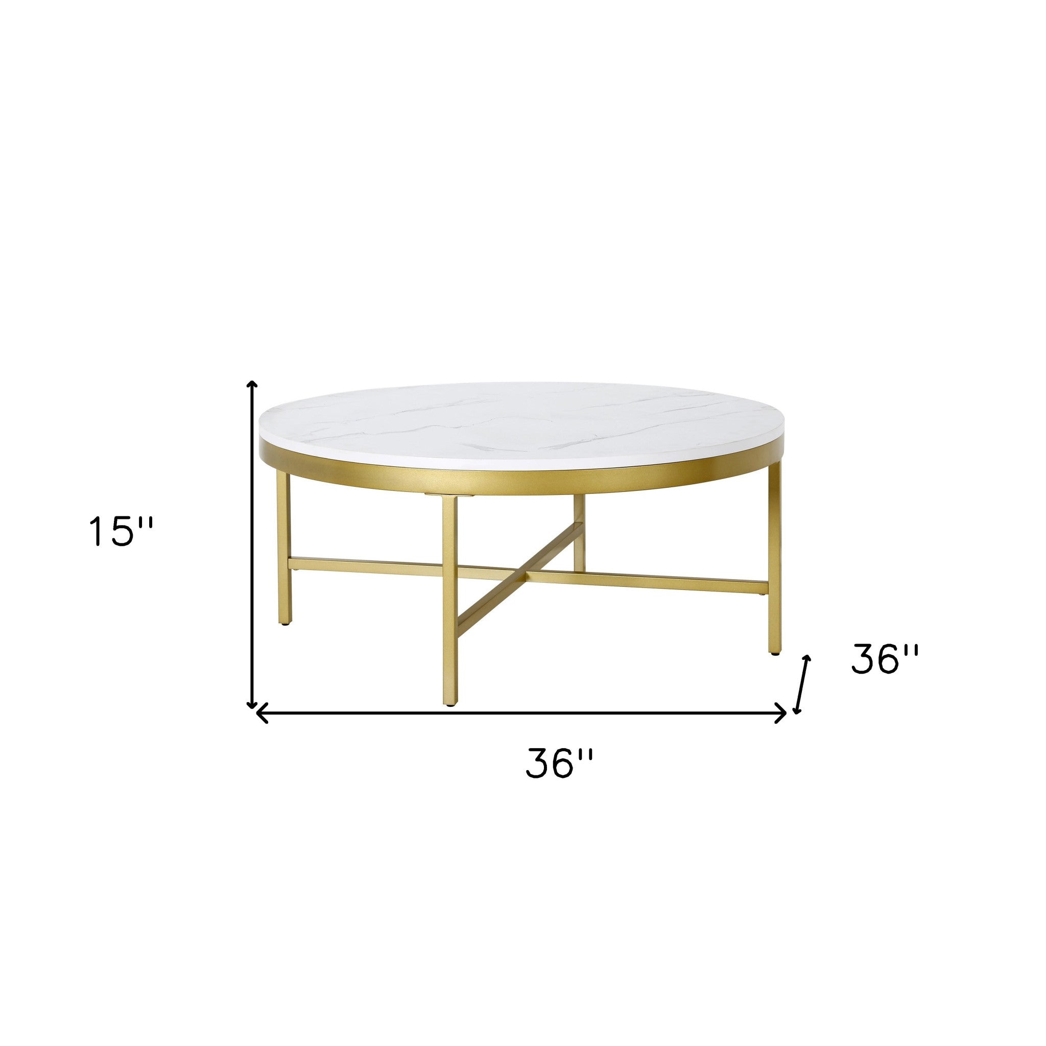 36" White And Gold Faux Marble And Steel Round Coffee Table