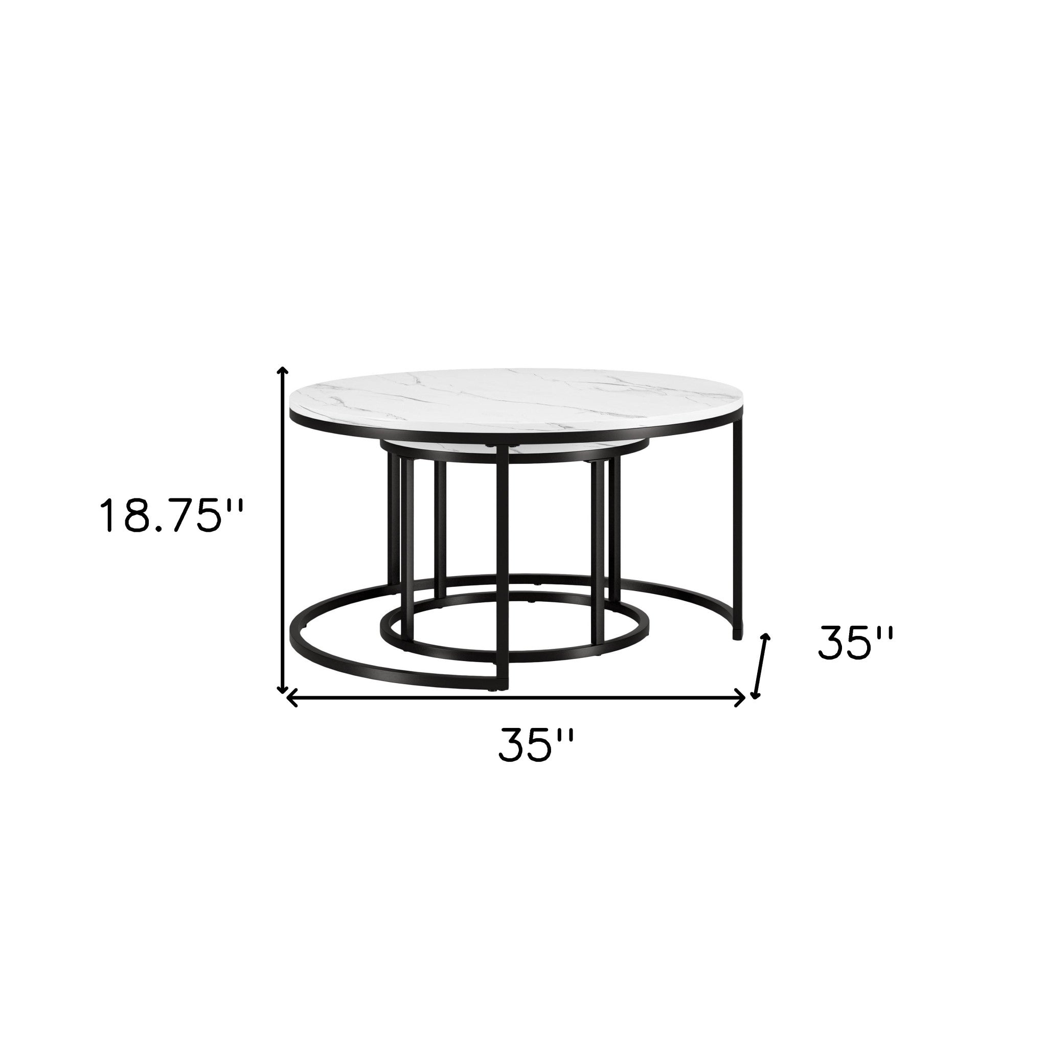 Set of Two 35" White And Black Faux Marble And Steel Round Nested Coffee Tables