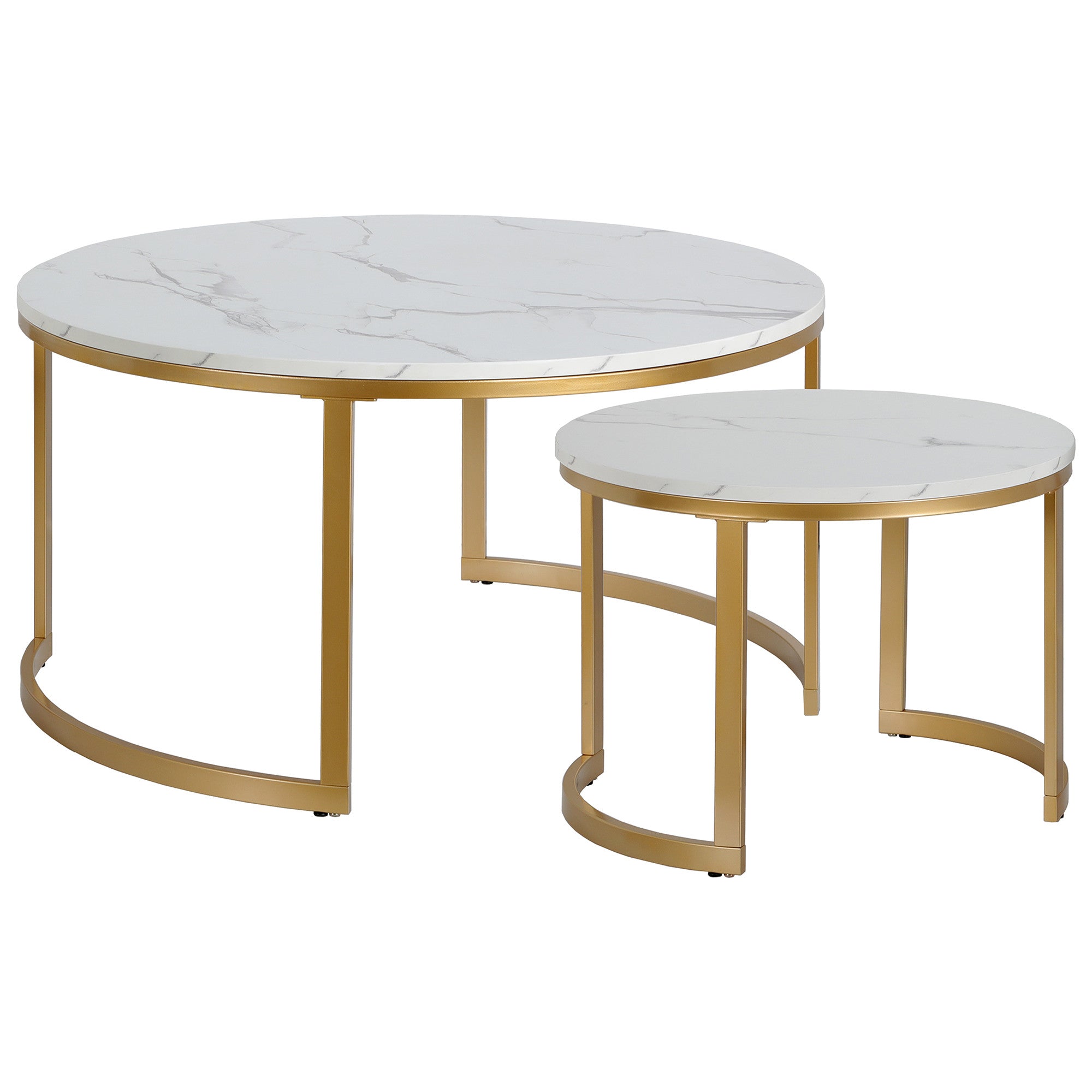 Set of Two 36" White And Gold Faux Marble And Steel Round Nested Coffee Tables