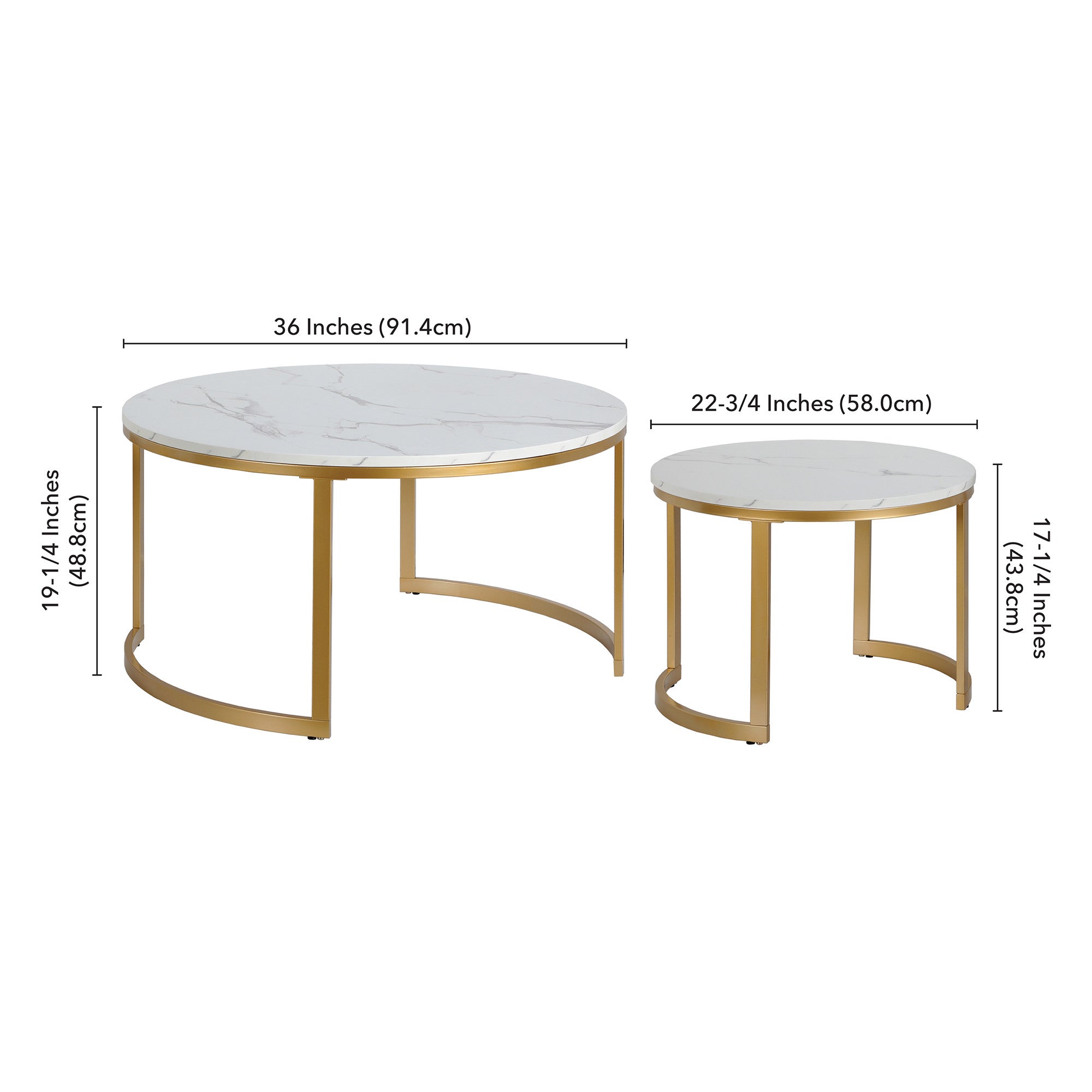 Set of Two 36" White And Gold Faux Marble And Steel Round Nested Coffee Tables