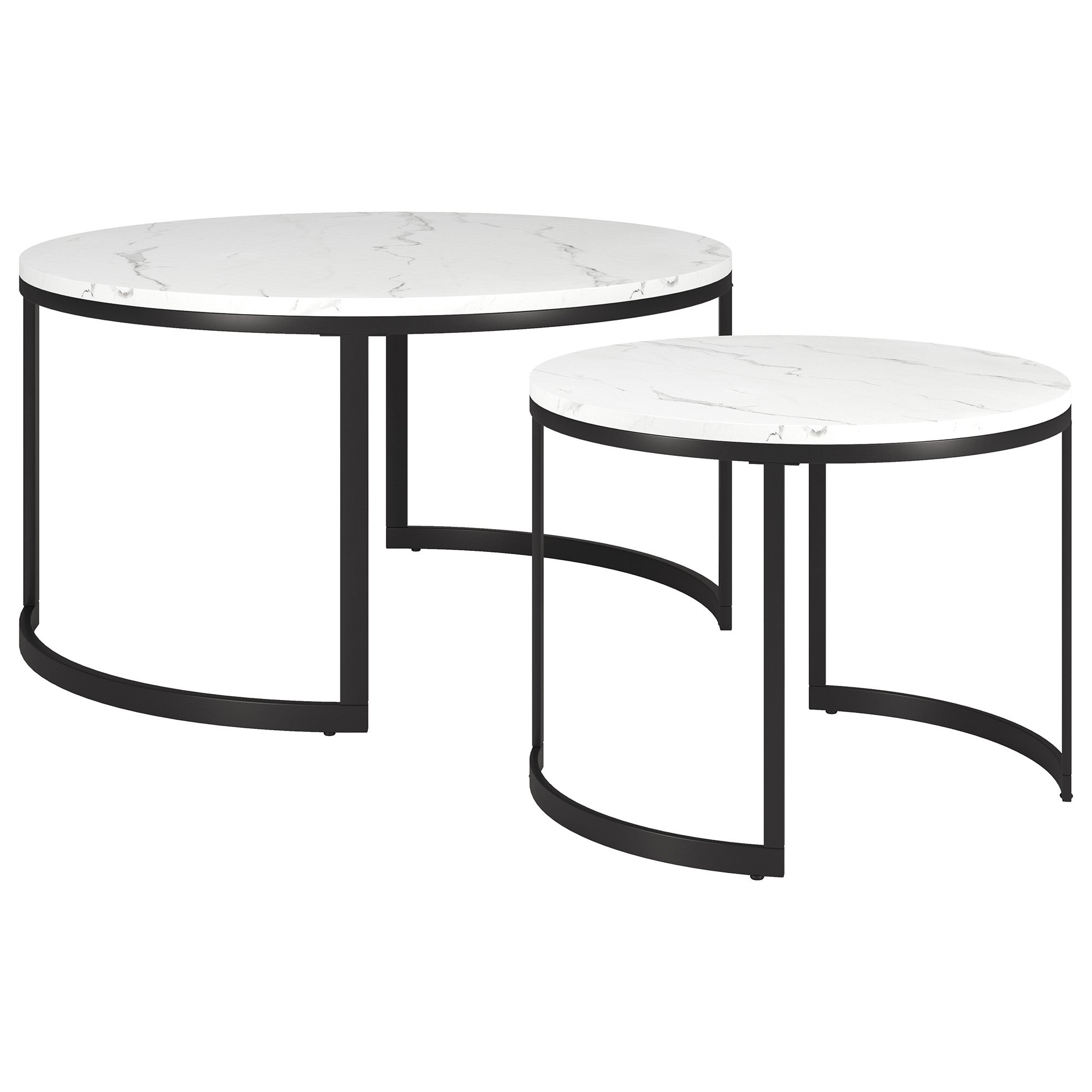 Set of Two 36" White And Black Faux Marble And Steel Round Nested Coffee Tables