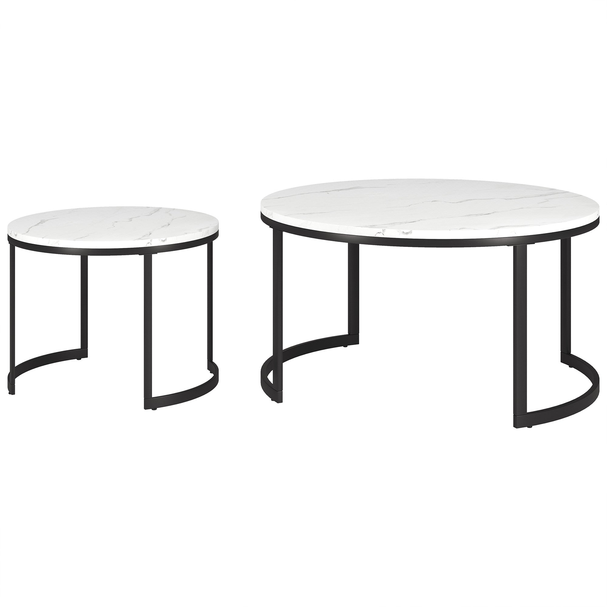 Set of Two 36" White And Black Faux Marble And Steel Round Nested Coffee Tables